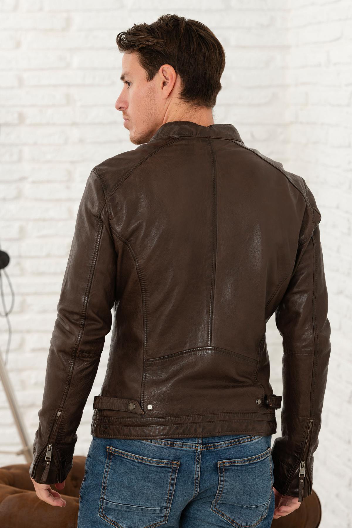 Brown vegetable sheepskin leather jacket - Image n°2