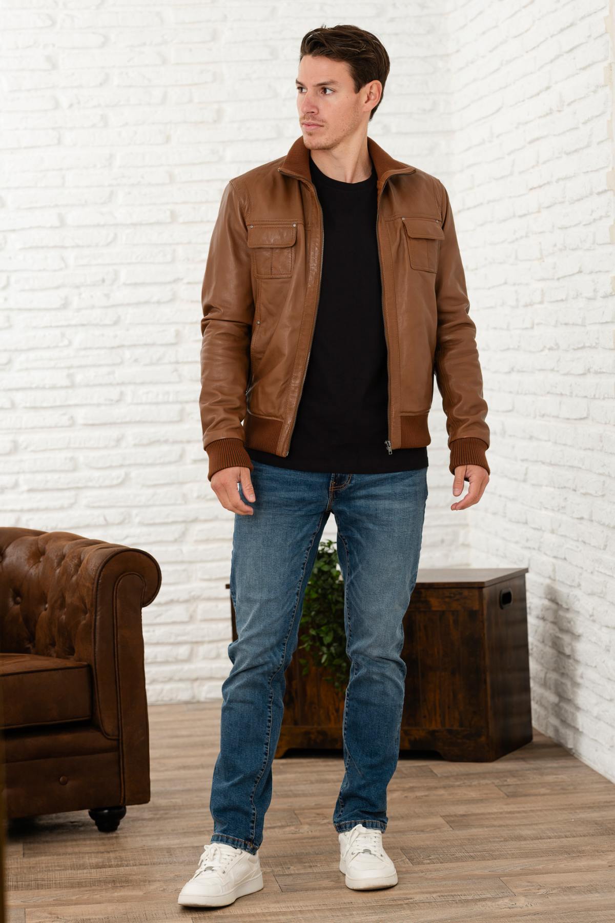 Cognac bomber leather jacket - Image n°3