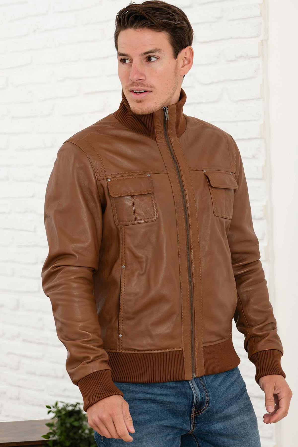 Cognac bomber leather jacket - Image n°5