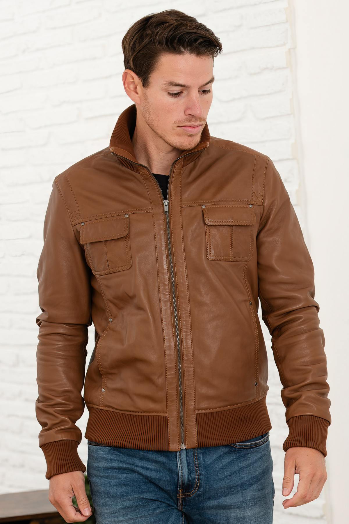 Cognac bomber leather jacket - Image n°1