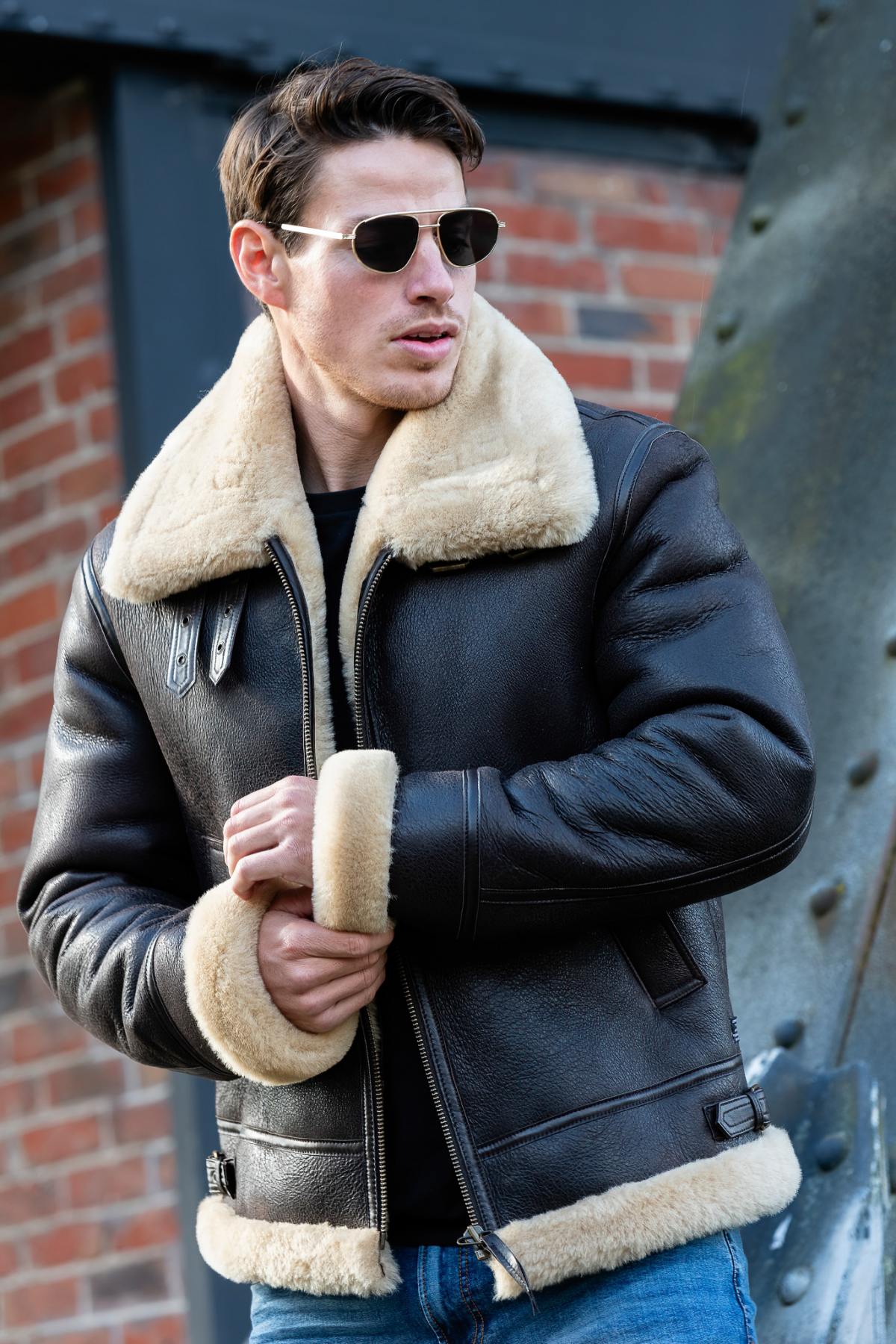 Brown and beige shearling bomber jacket - Image n°6