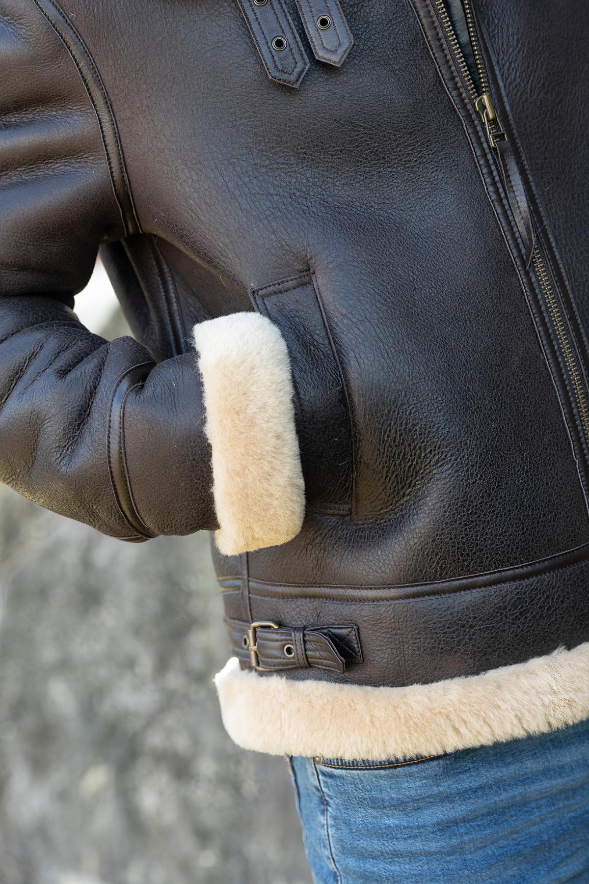 Brown and beige shearling bomber jacket - Image n°5