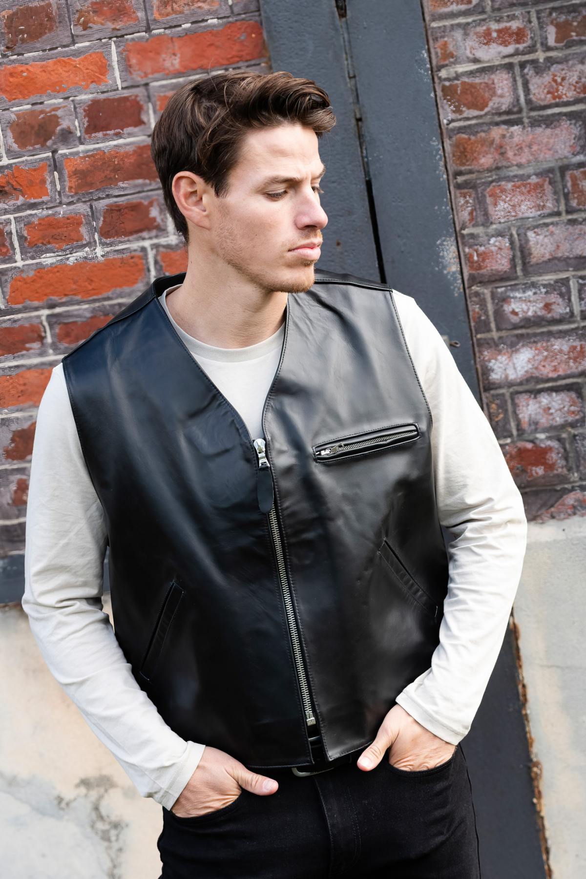 Black buffalo leather biker vest - Image n°1