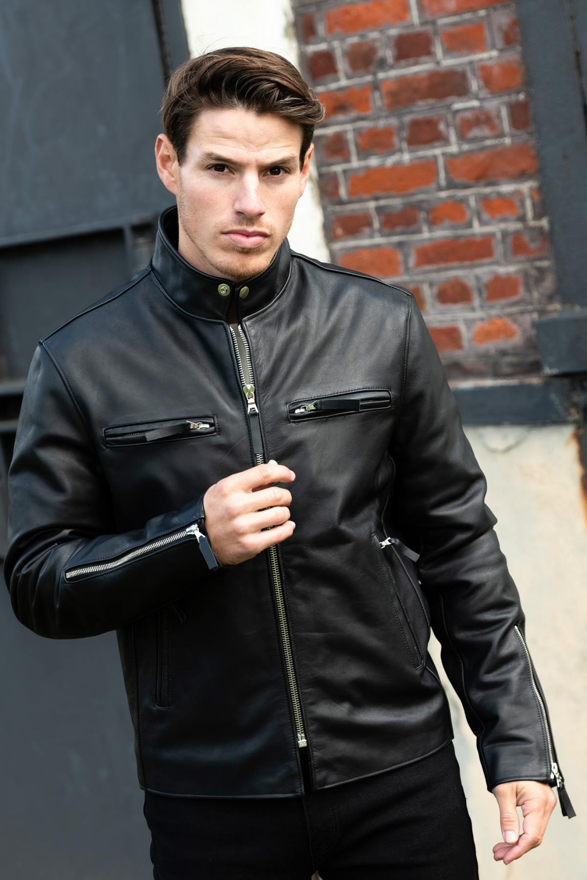 Leather jacket with biker collar, iconic model - Image n°2