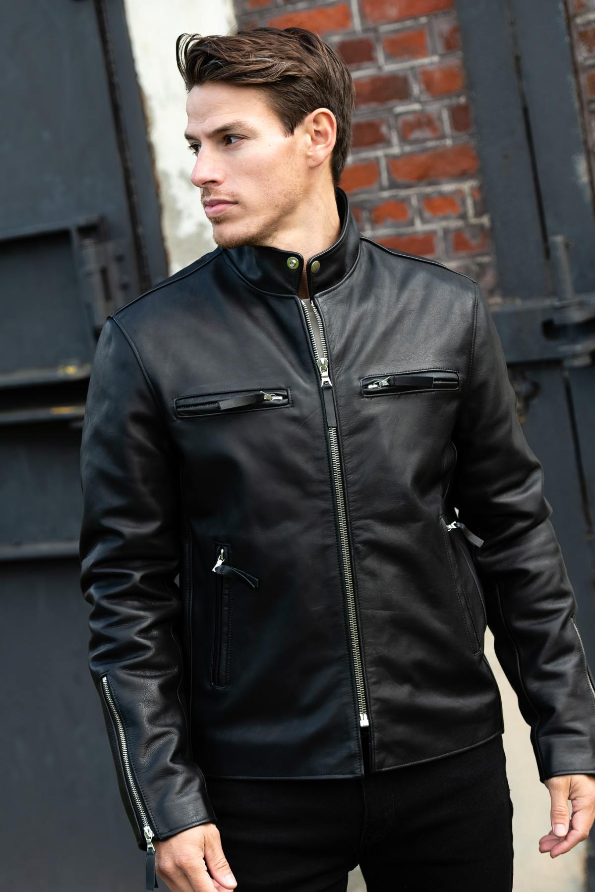 Leather jacket with biker collar, iconic model - Image n°6