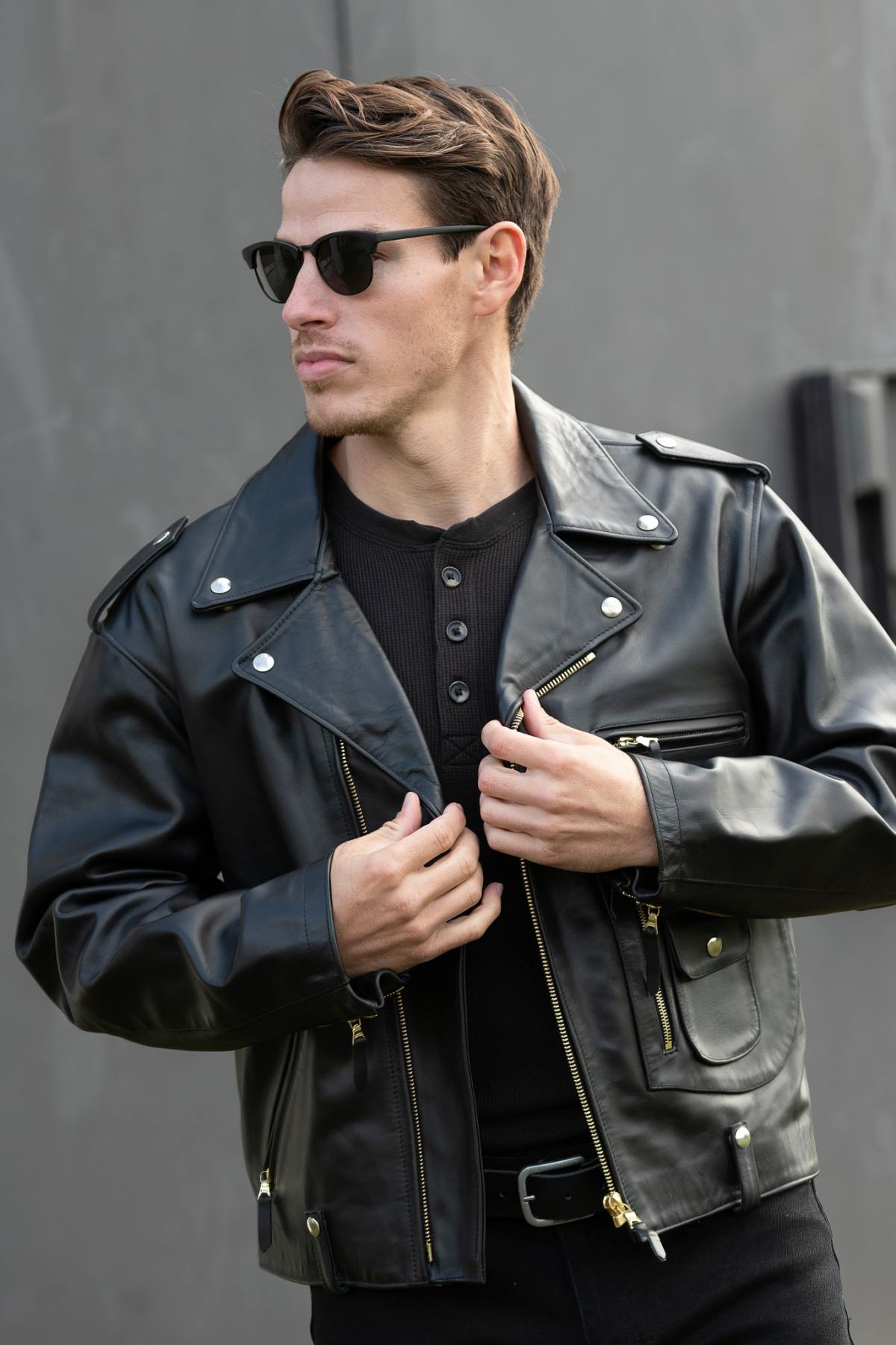 Biker Style Leather Jacket with D-Pocket - Image n°1