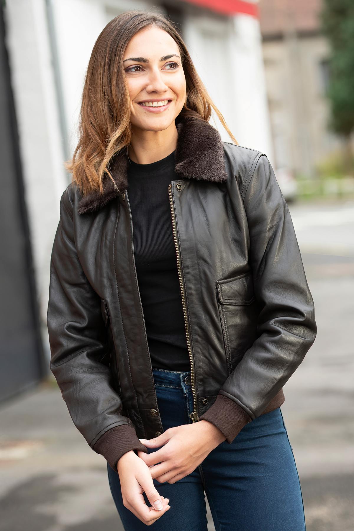 Women's Dark Brown Leather Bomber Jacket - Image n°6