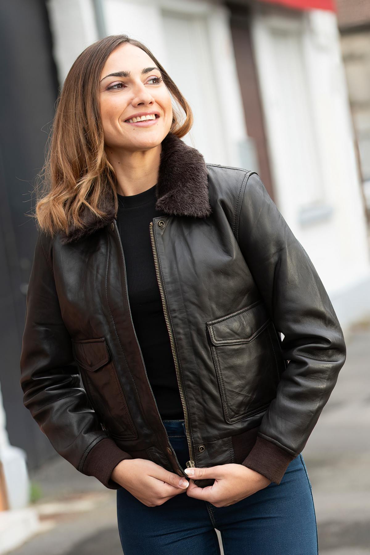 Women's Dark Brown Leather Bomber Jacket - Image n°2