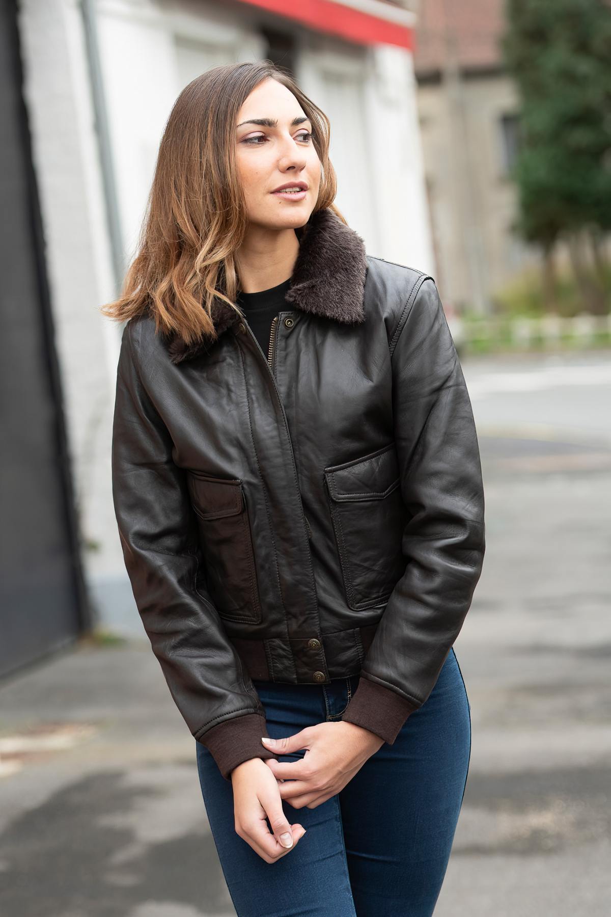 Women's Dark Brown Leather Bomber Jacket - Image n°1