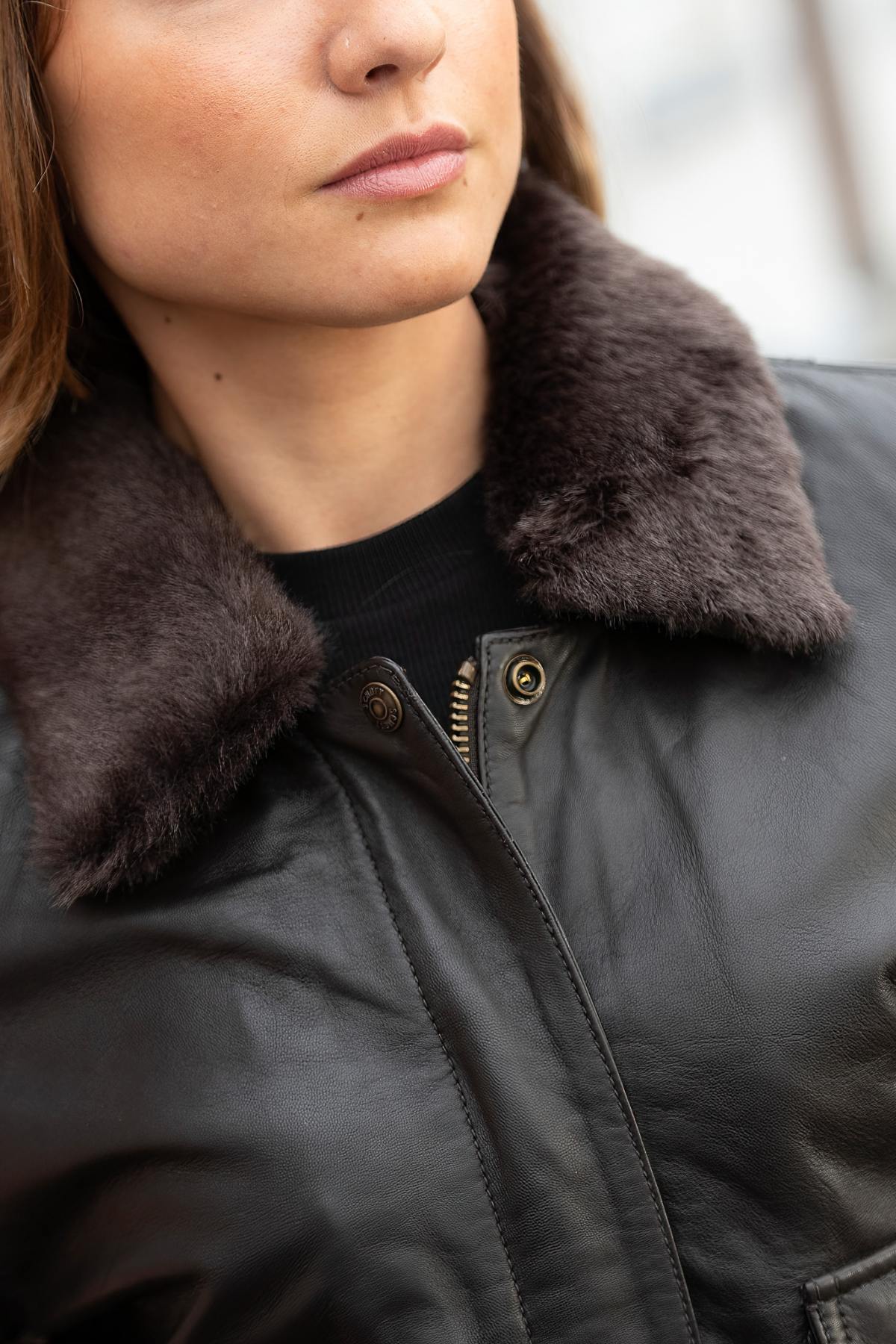 Women's Dark Brown Leather Bomber Jacket - Image n°5