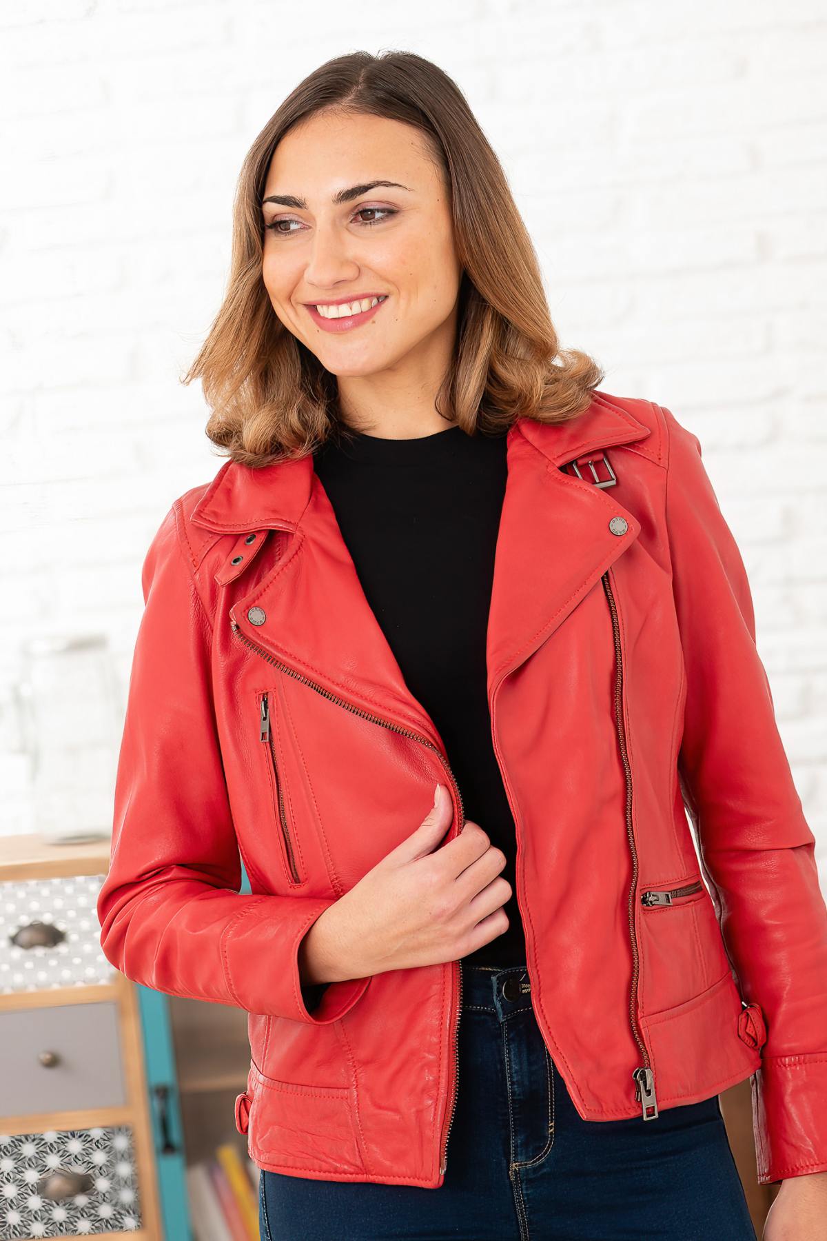 Women's Fire Red Leather Jacket with Asymmetrical Collar - Image n°1