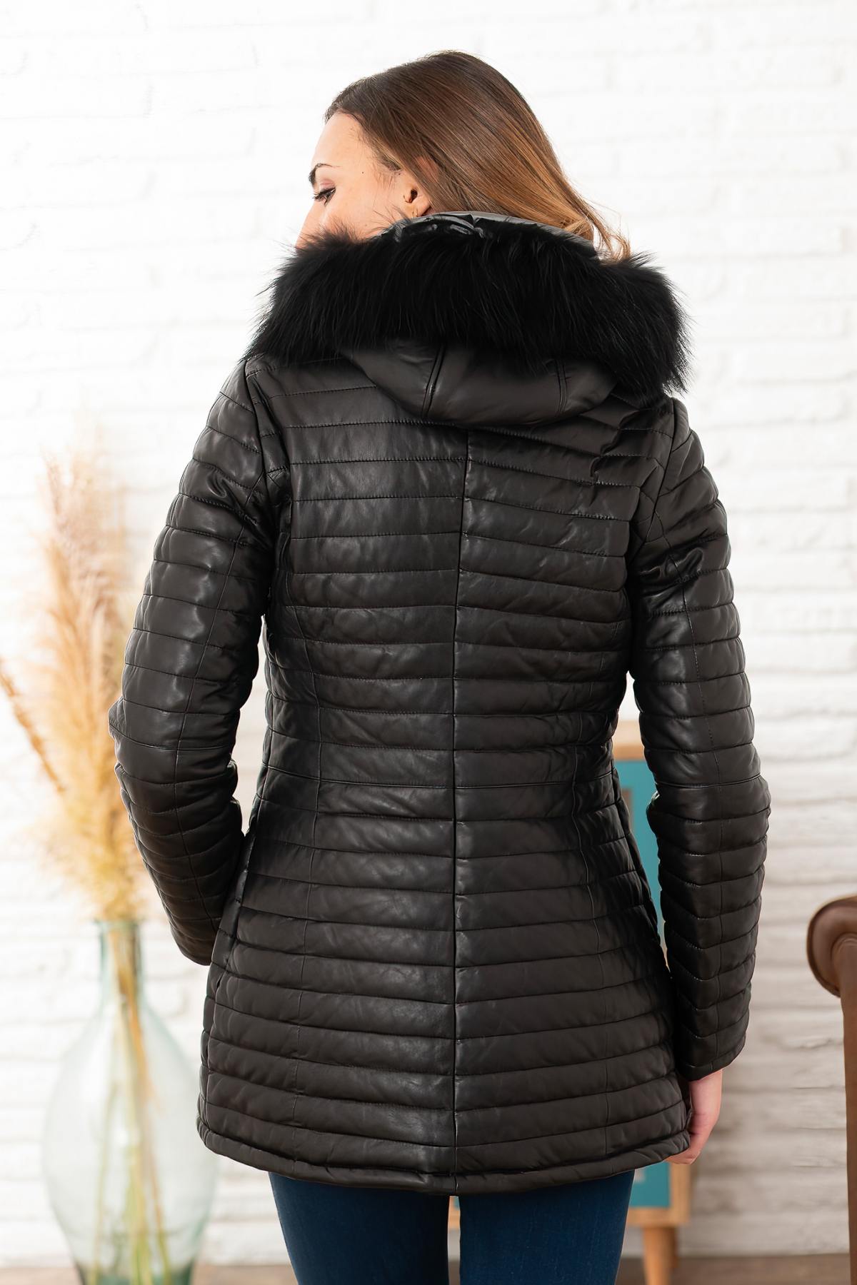 Black leather long hooded down jacket with fur - Image n°2