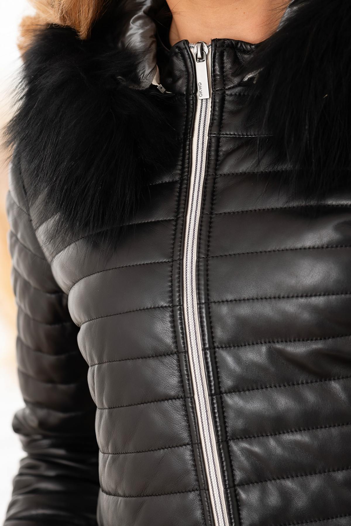 Black leather long hooded down jacket with fur - Image n°4