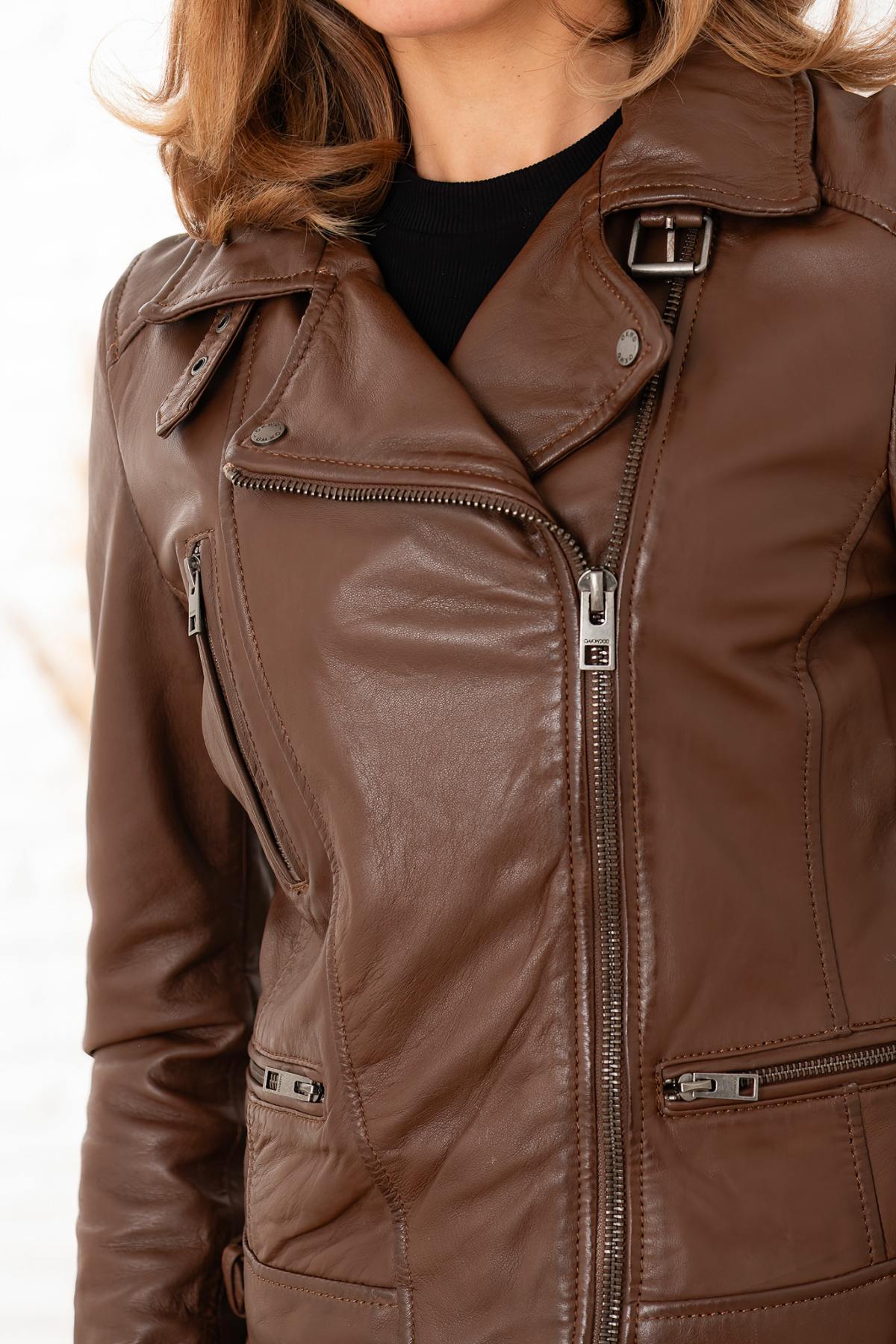 Tobacco-colored leather jacket with asymmetrical collar - Image n°3