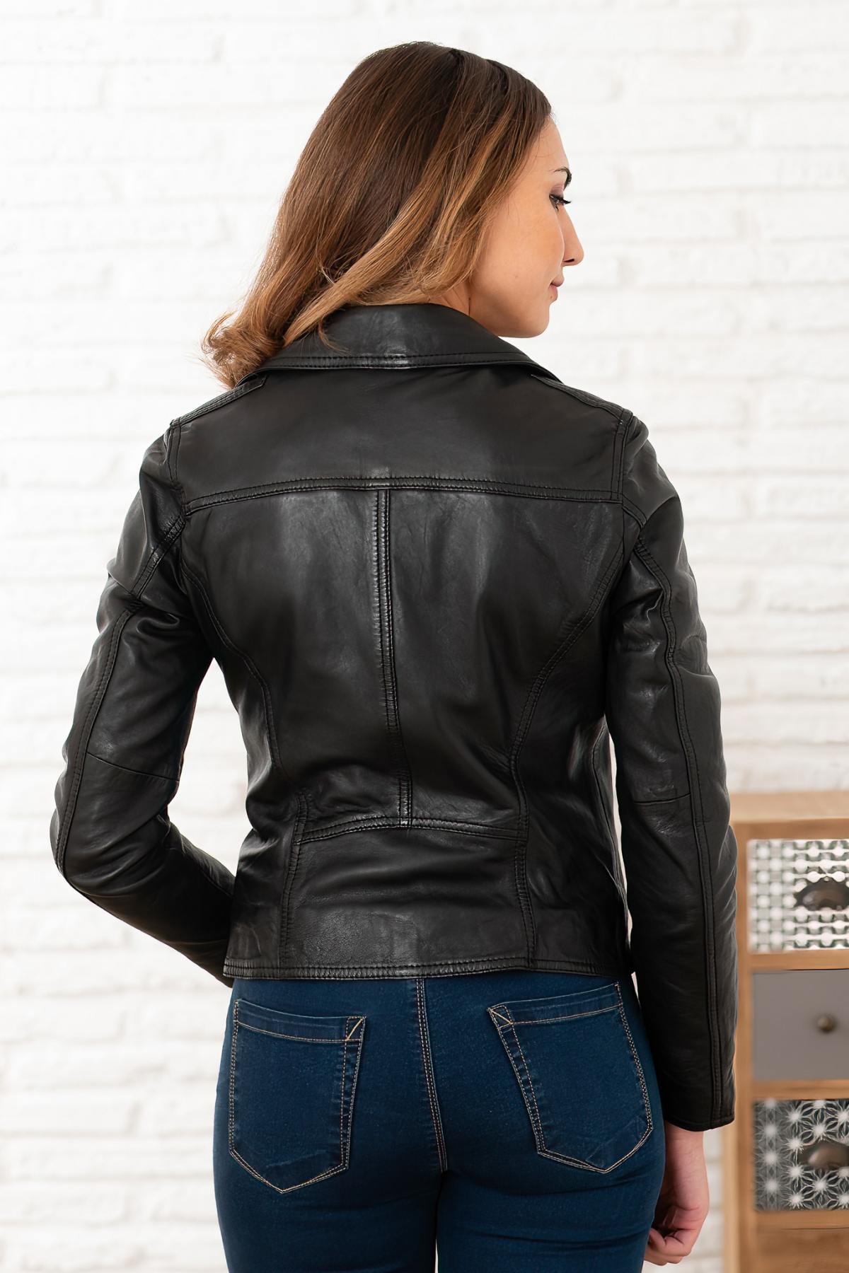 Black asymmetrical collar leather jacket for women - Image n°2