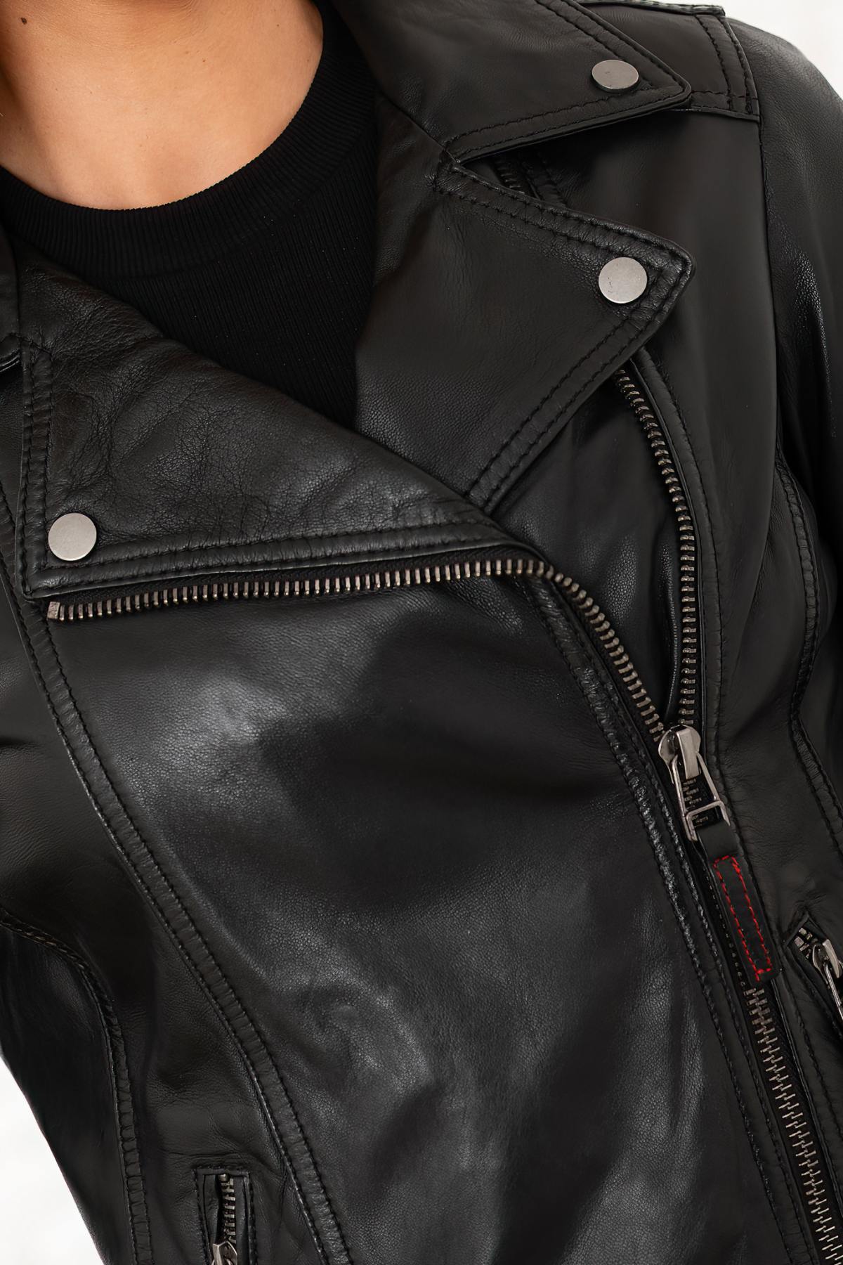 Black asymmetrical collar leather jacket for women - Image n°4