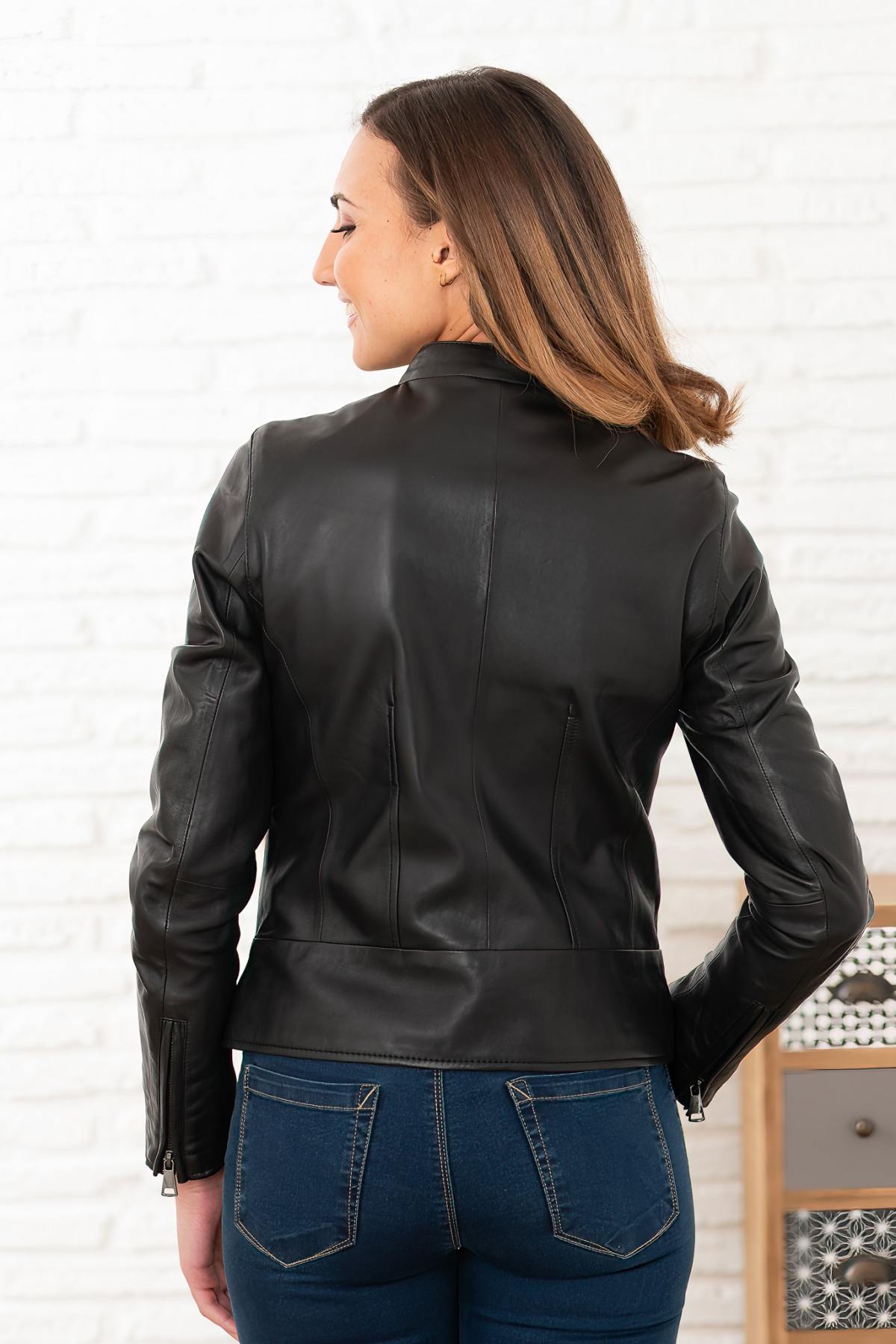 Black leather jacket with mandarin collar - Image n°3