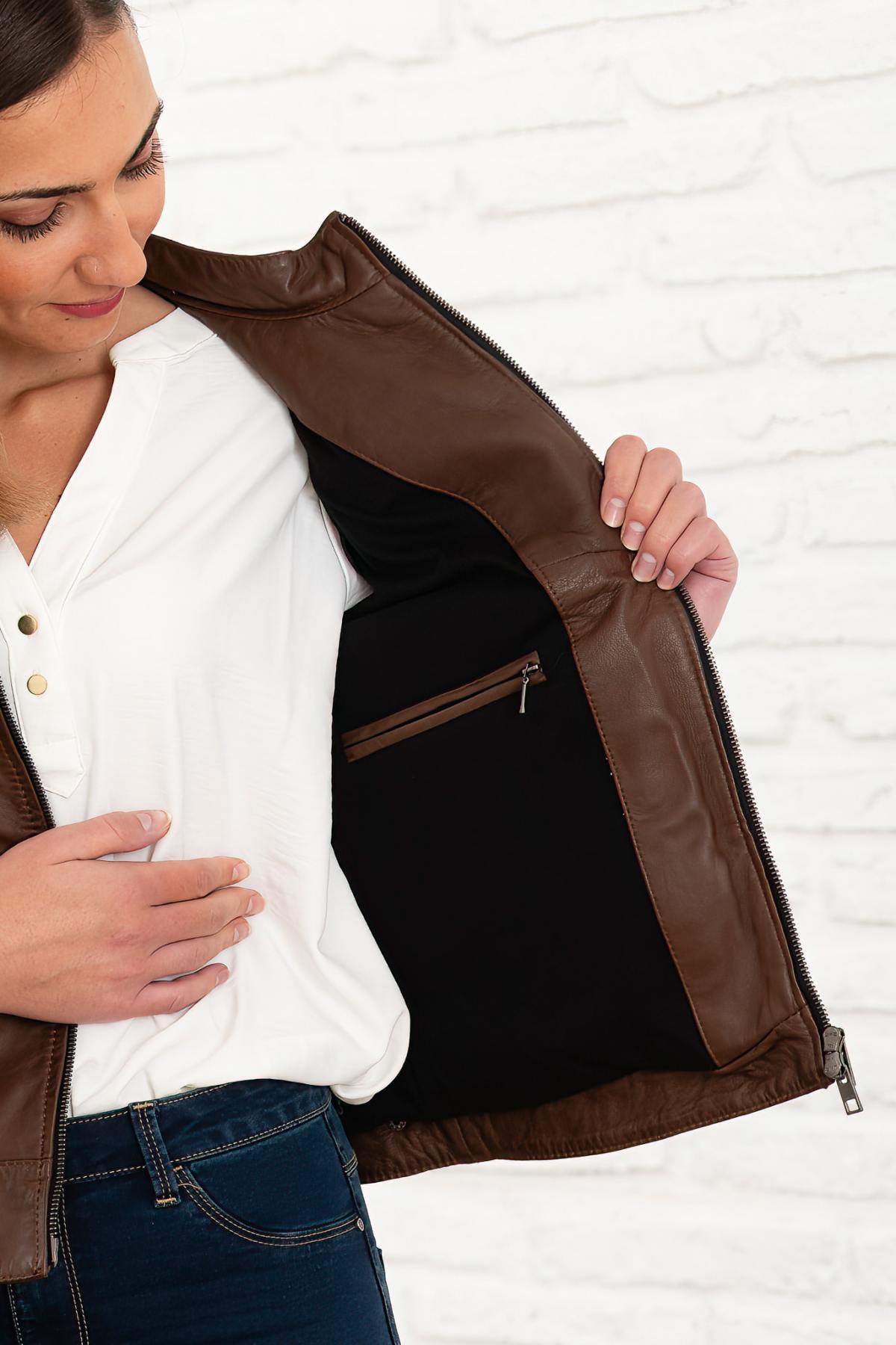 Women's tobacco-colored leather jacket - Image n°7