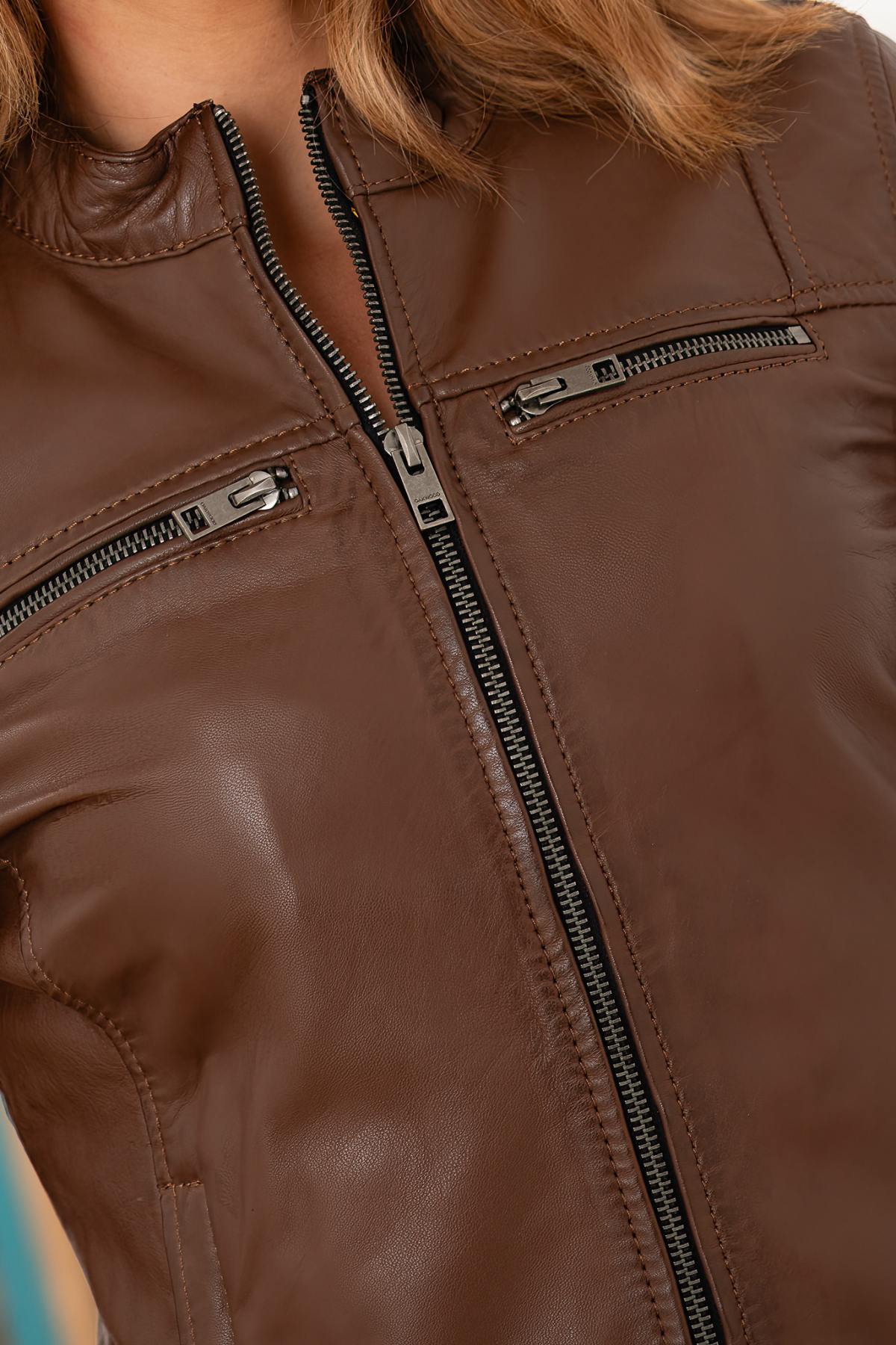 Women's tobacco-colored leather jacket - Image n°3