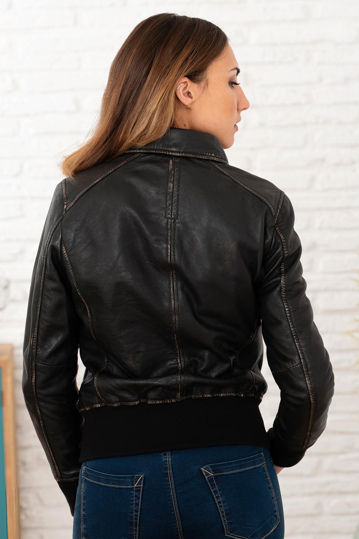 Brown leather jacket with shirt collar and ribbed edges in aged look - Image n°4