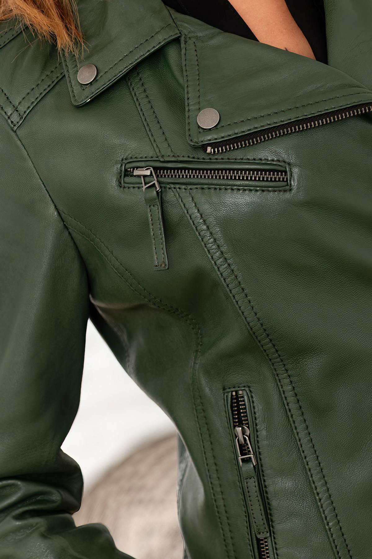 Women's dark green leather jacket with asymmetrical collar - Image n°5