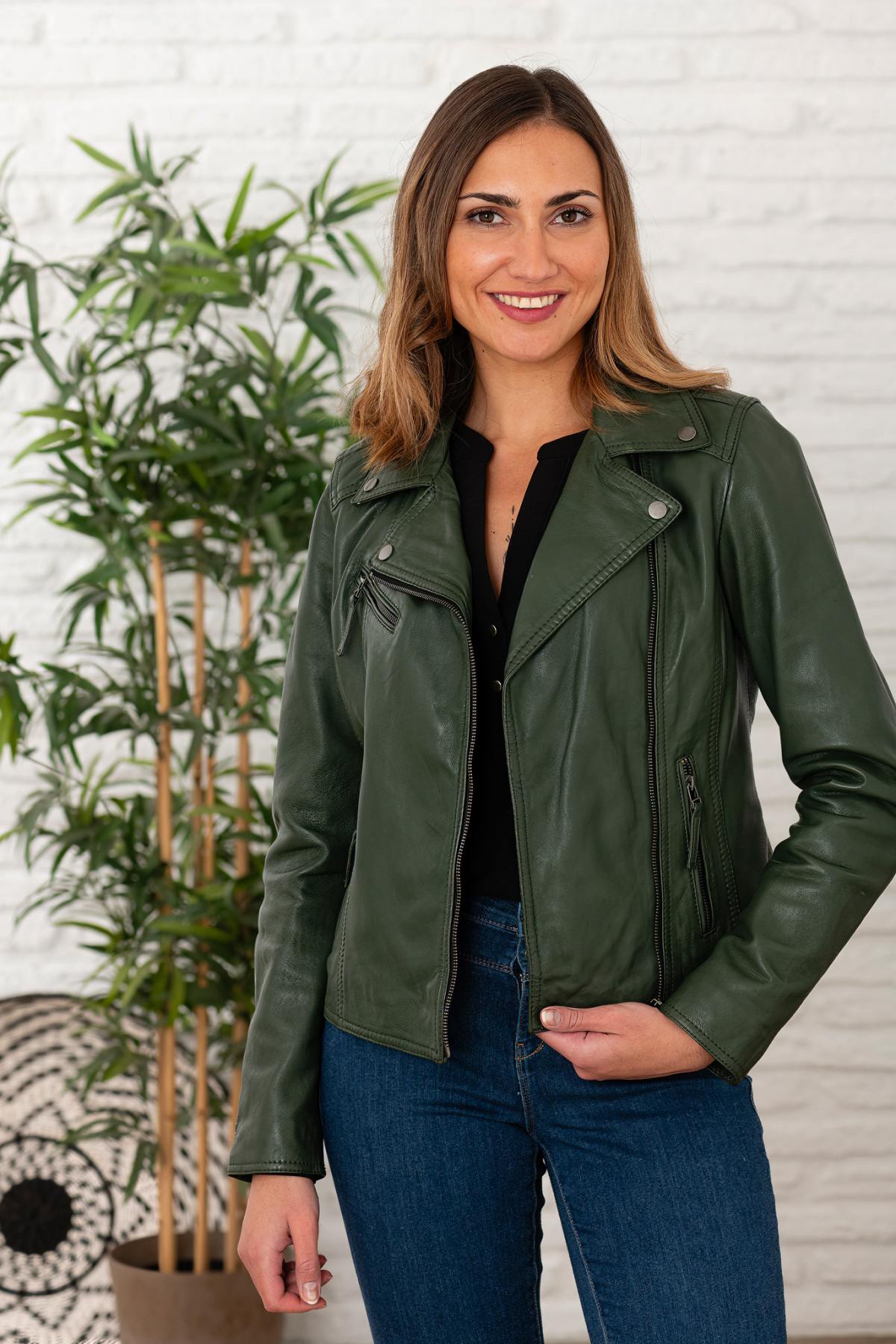 Women's dark green leather jacket with asymmetrical collar - Image n°1