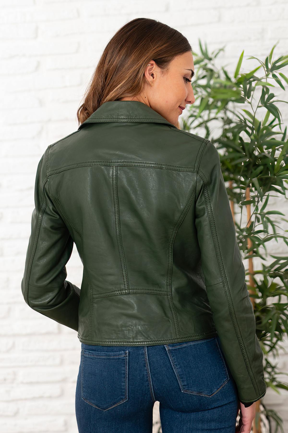 Women's dark green leather jacket with asymmetrical collar - Image n°3