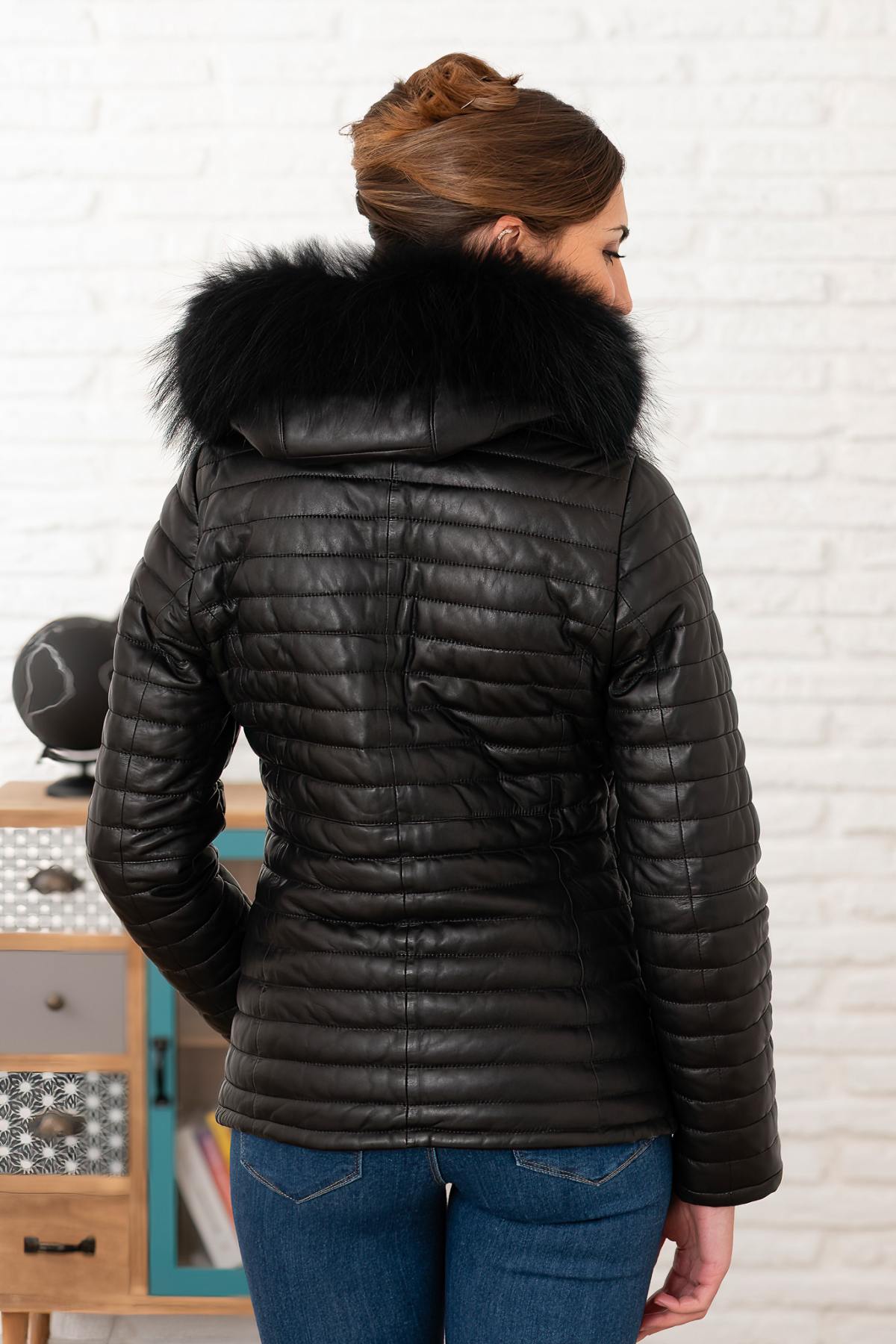 Black leather down jacket with real fur collar hood - Image n°3