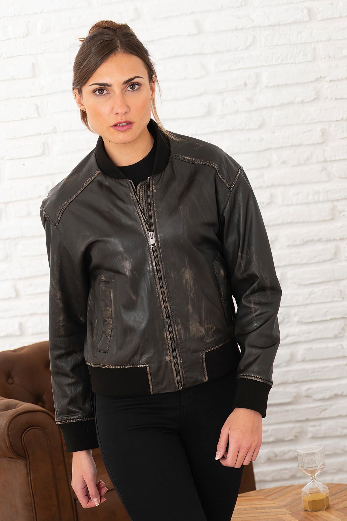 Women's distressed brown leather bomber jacket - Image n°6