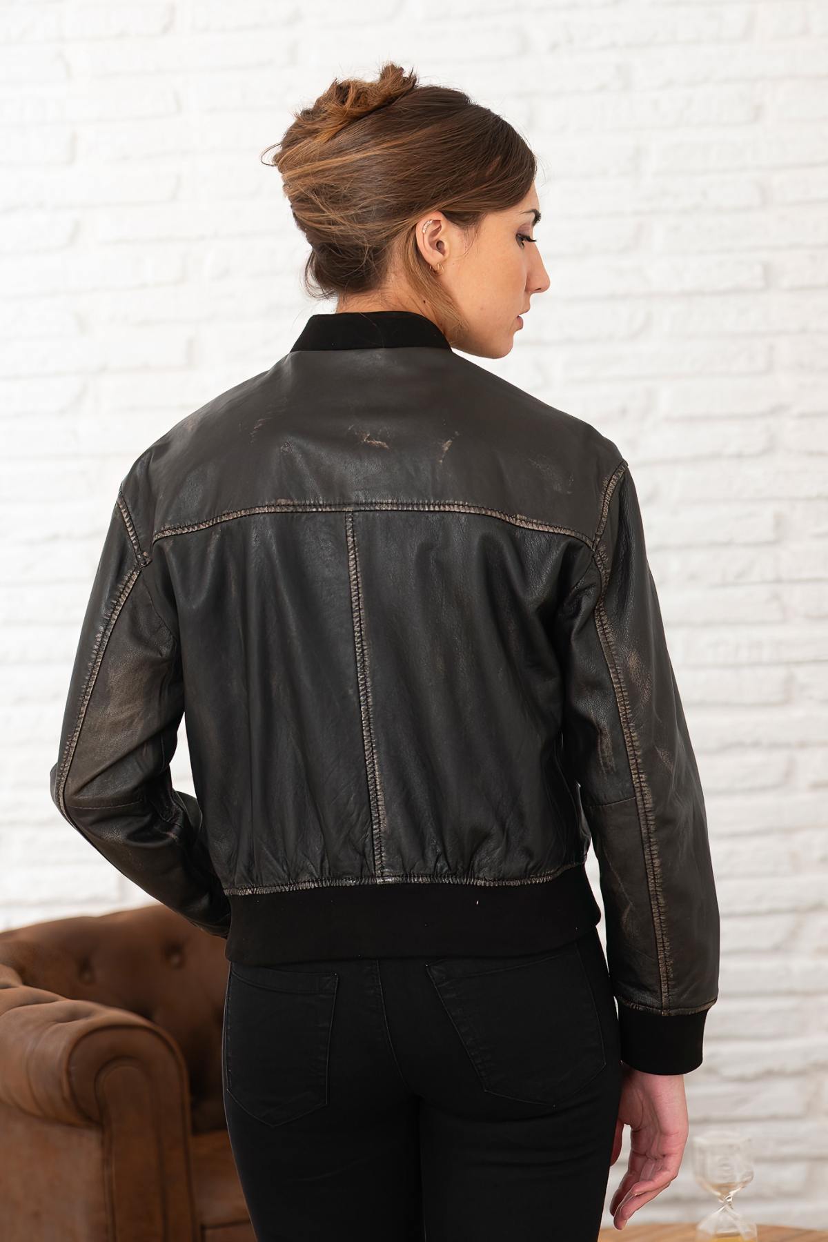 Women's distressed brown leather bomber jacket - Image n°2