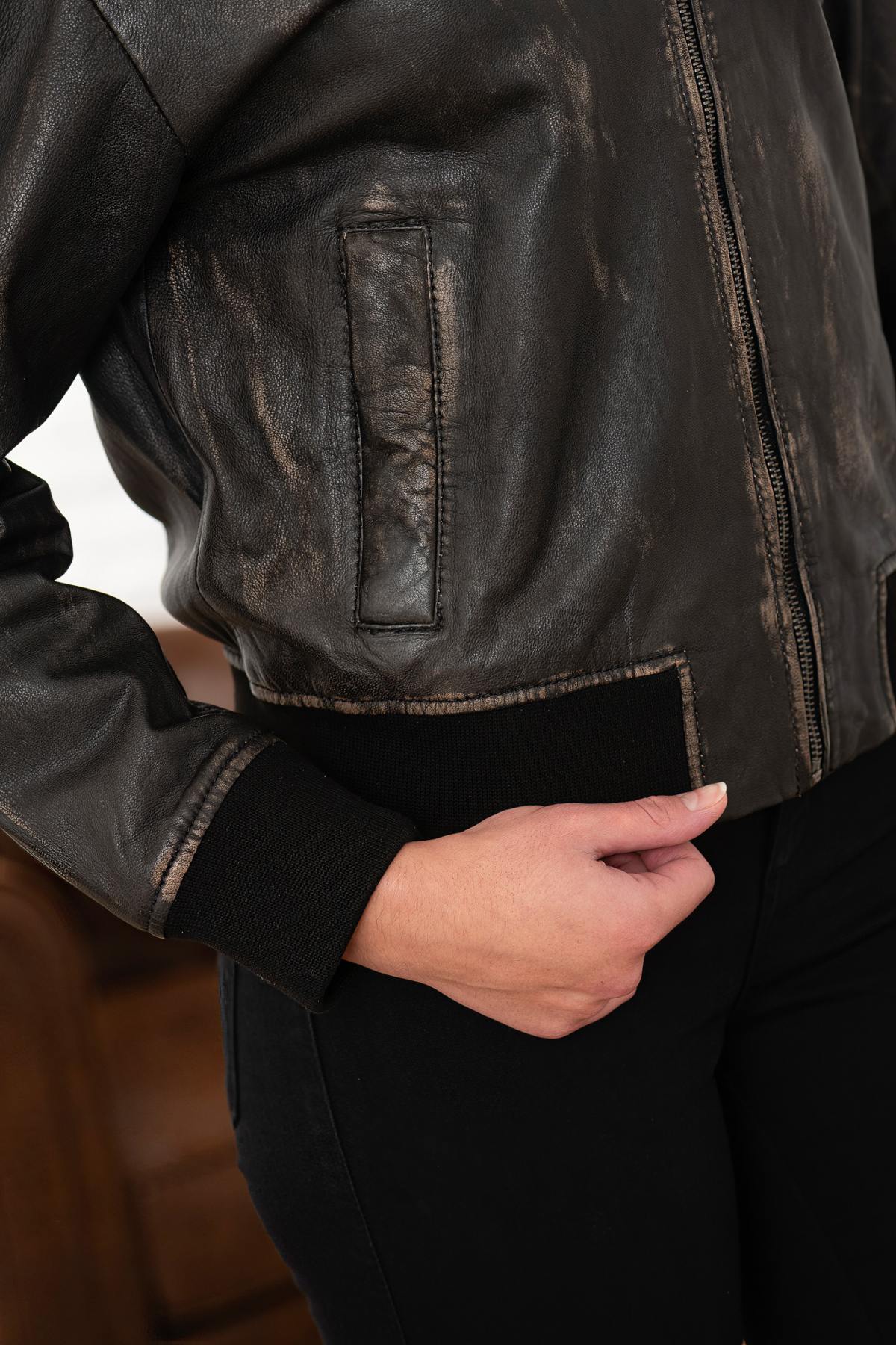 Women's distressed brown leather bomber jacket - Image n°4