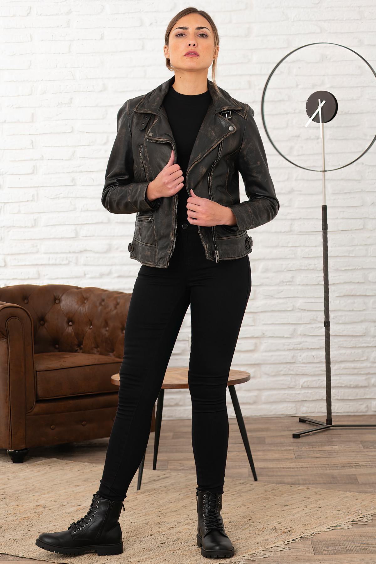 Women's brown leather jacket with distressed look and asymmetrical collar - Image n°2