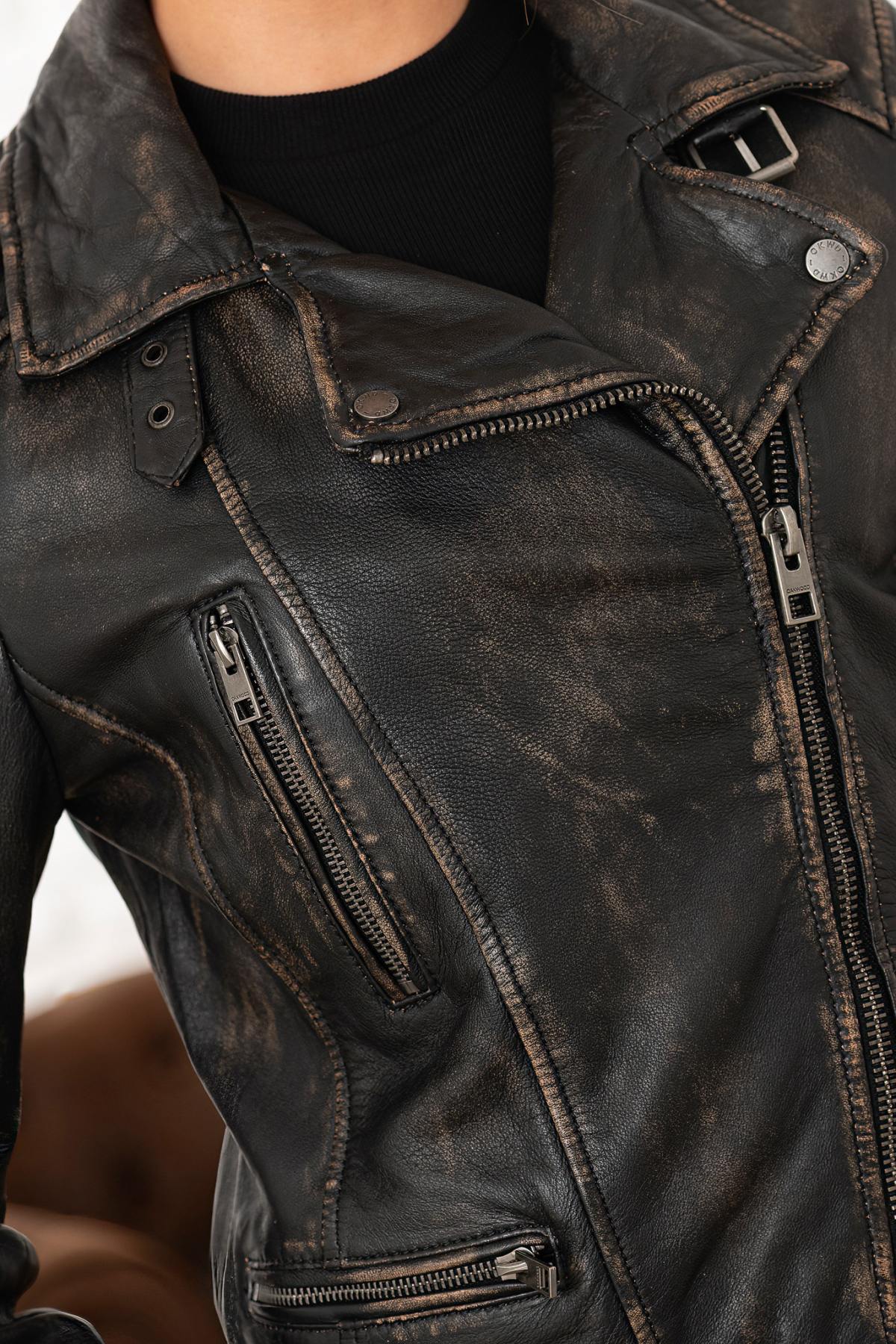 Women's brown leather jacket with distressed look and asymmetrical collar - Image n°6