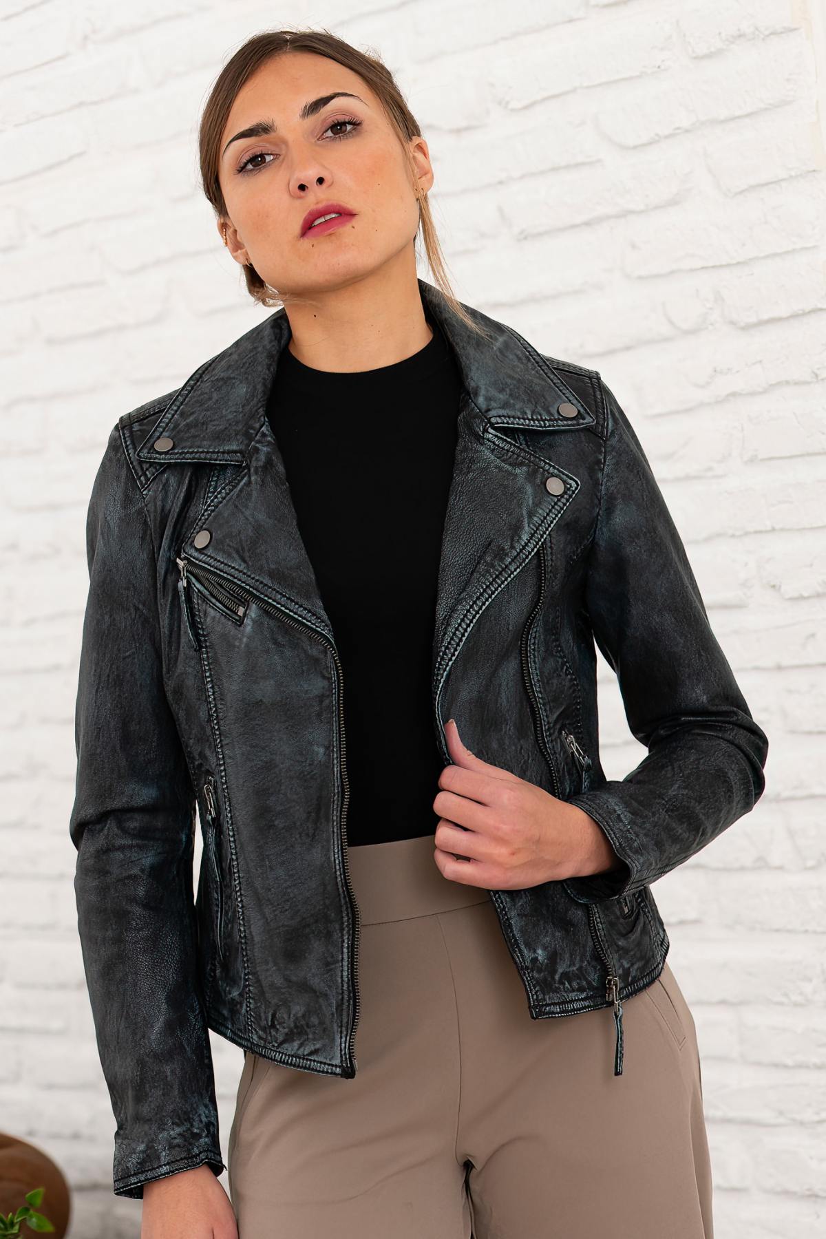 Women's distressed denim blue leather jacket with asymmetrical collar - Image n°1