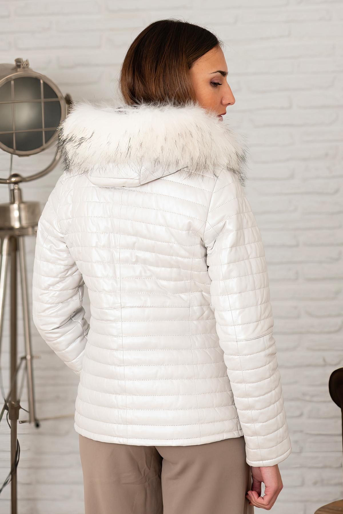 Metallic white leather down jacket with real fur hood - Image n°2