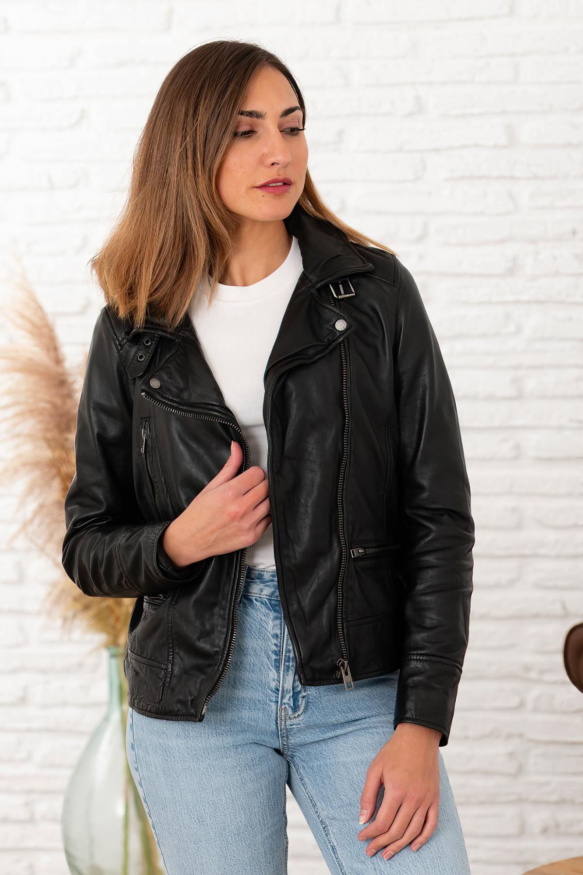 Black asymmetrical collar leather jacket for women - Image n°1