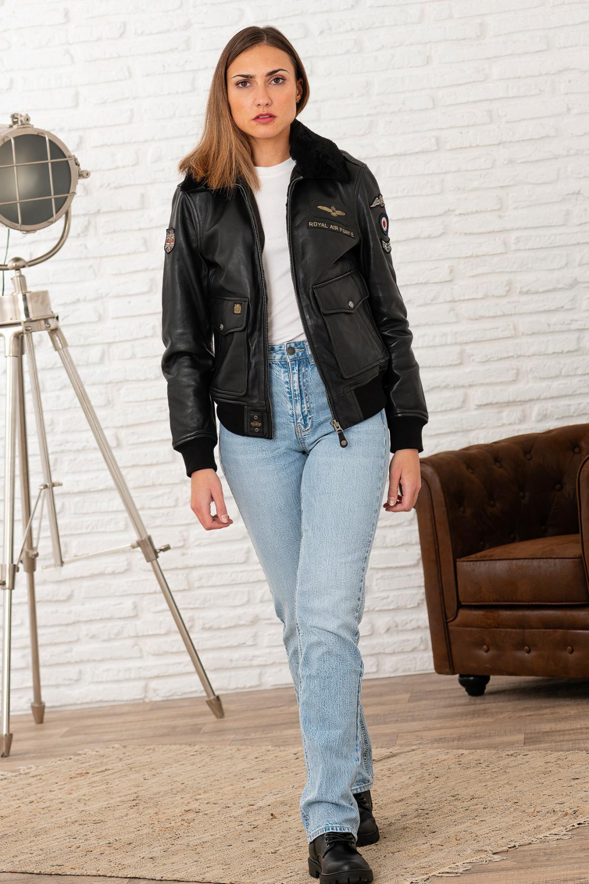 Women's RAF Black Leather Bomber Jacket - Image n°3