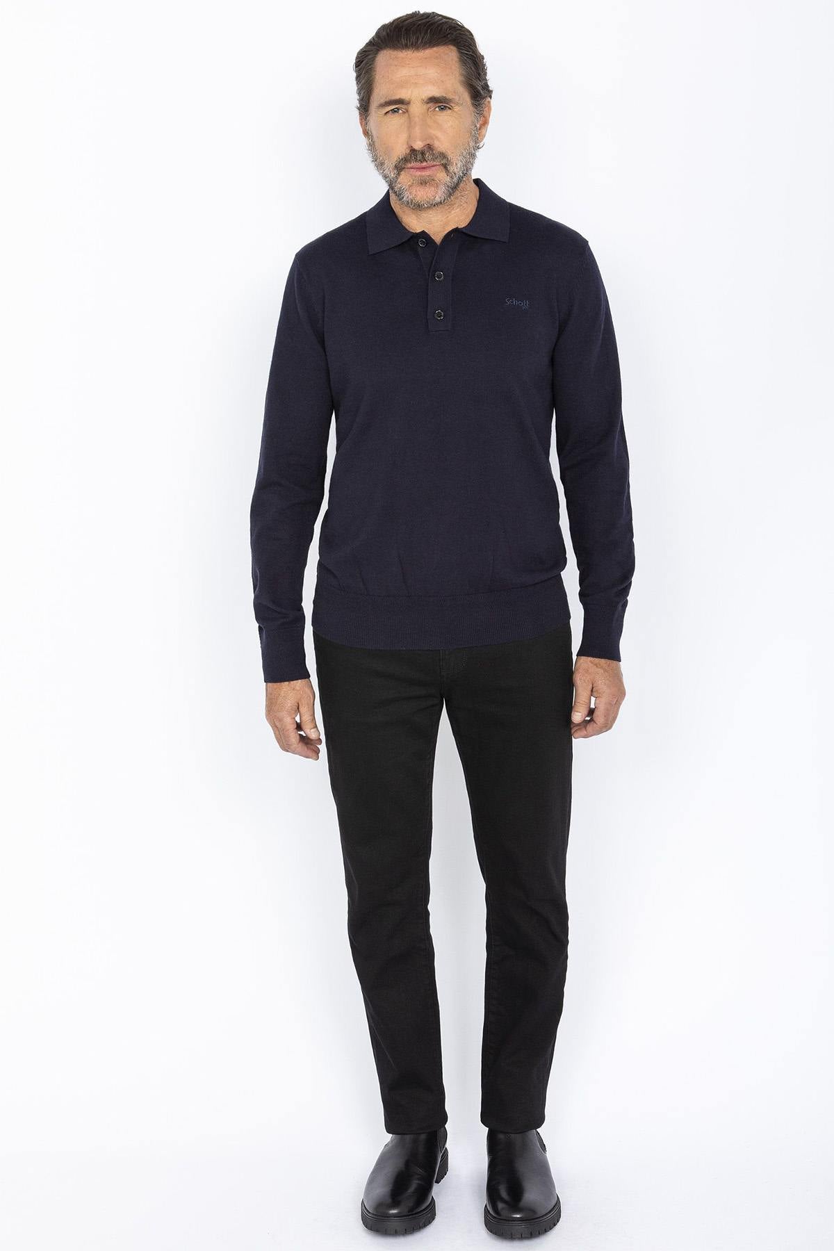 Navy blue cotton and wool polo neck sweater - Image n°5