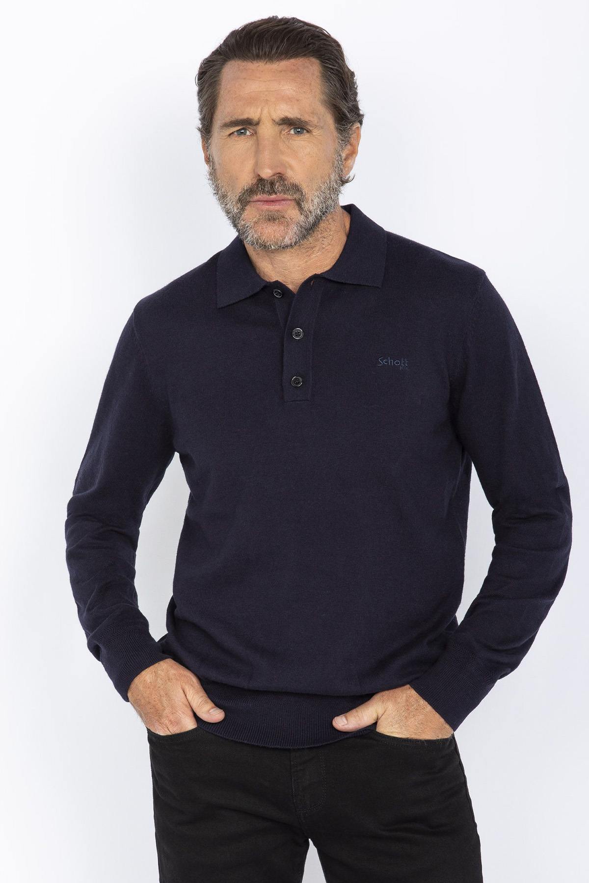 Navy blue cotton and wool polo neck sweater - Image n°1