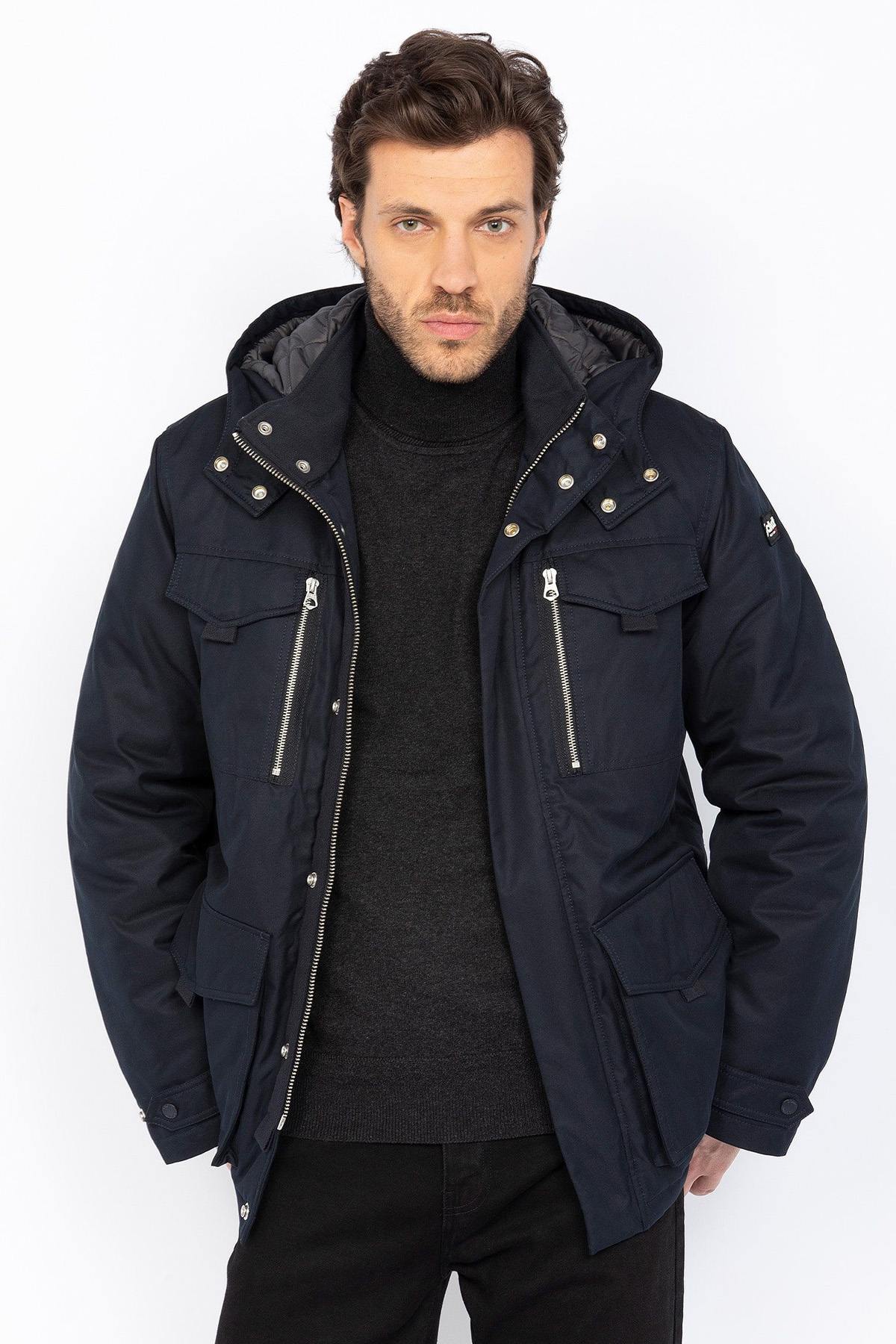 Navy Blue Hooded Combat Jacket - Image n°1