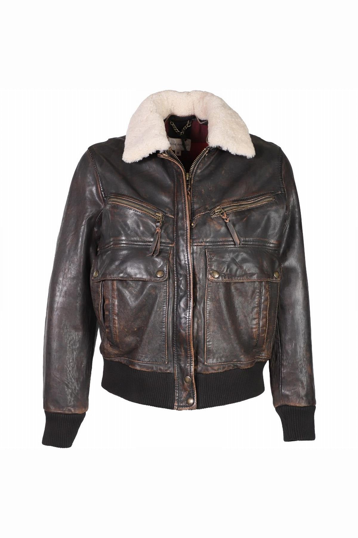 Black distressed leather bomber jacket - Image n°1