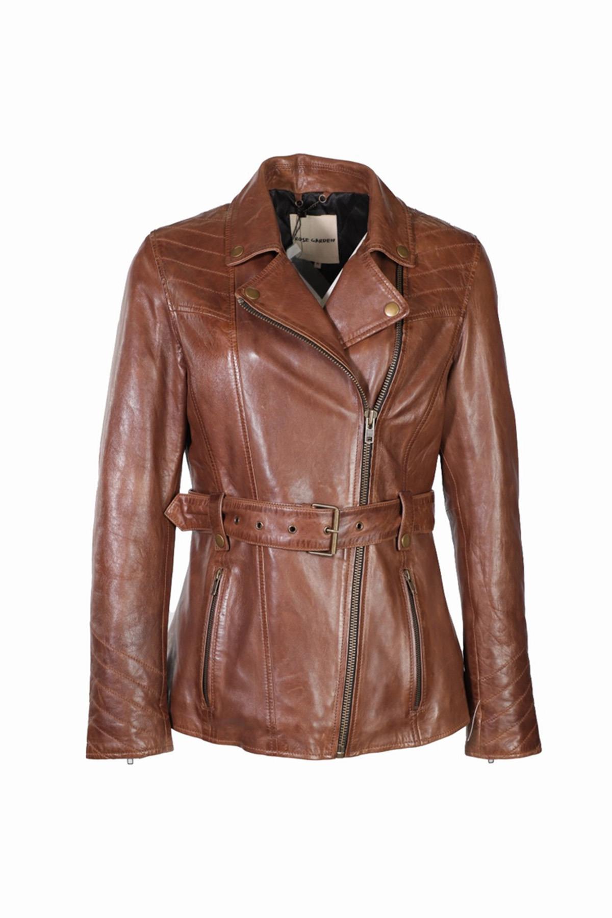 Bison leather jacket with belt and asymmetrical zip - Image n°1