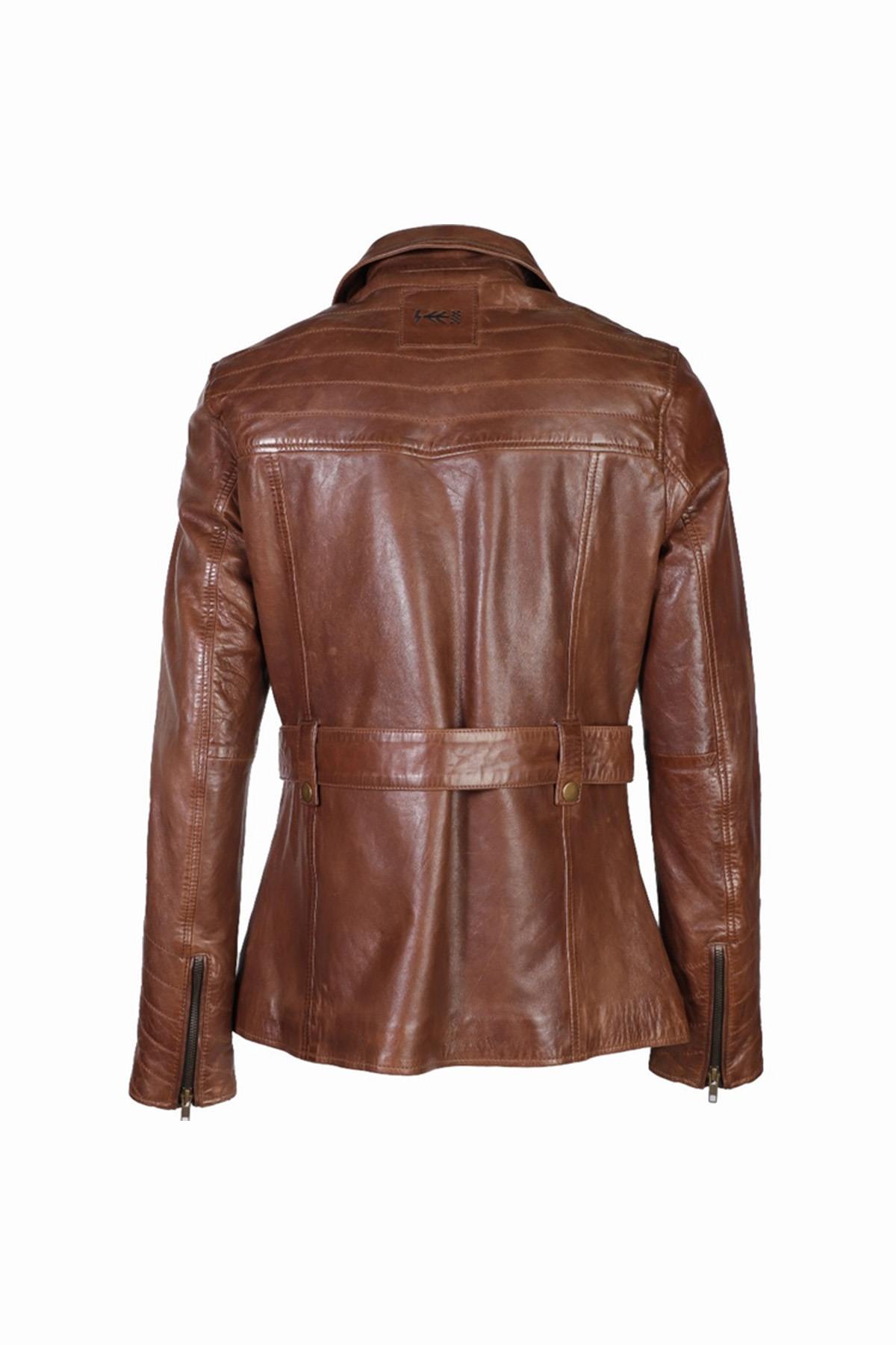 Bison leather jacket with belt and asymmetrical zip - Image n°2