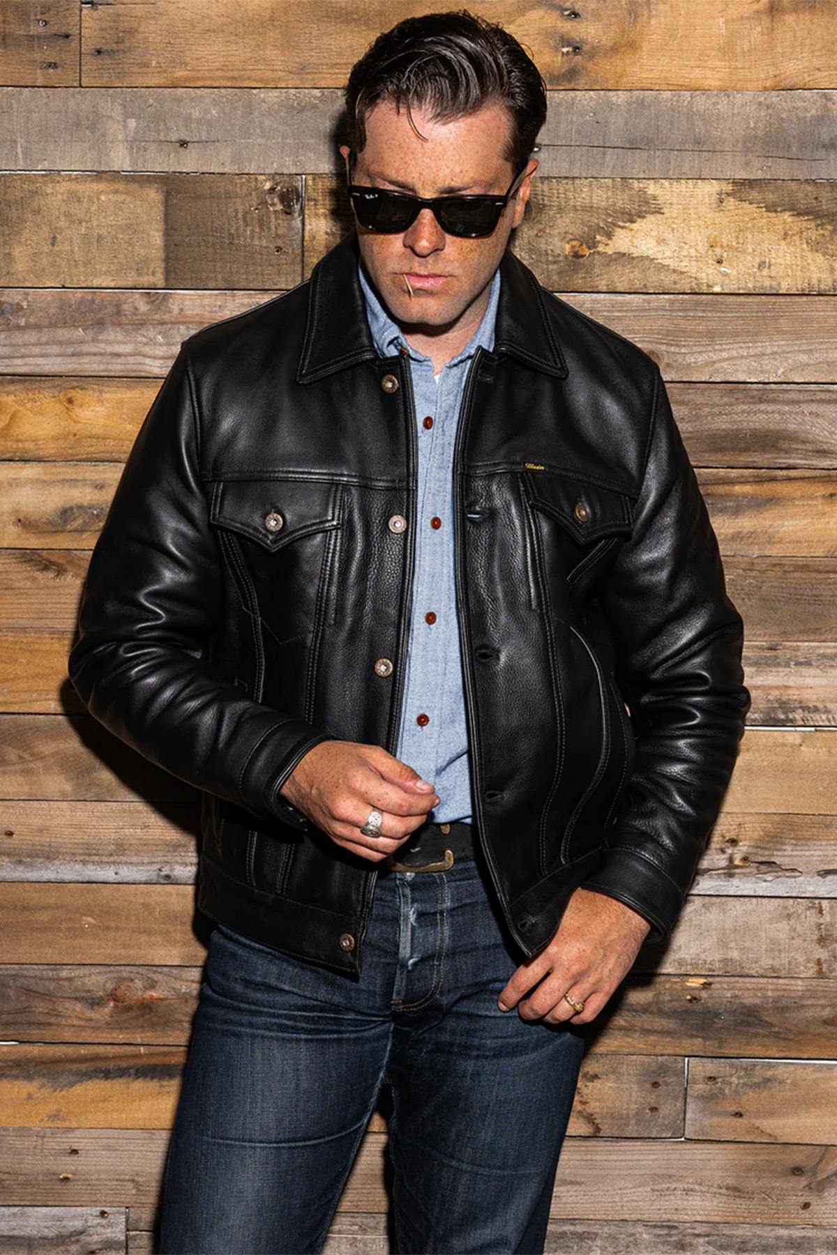 Cowhide leather jacket with shirt collar - Image n°1