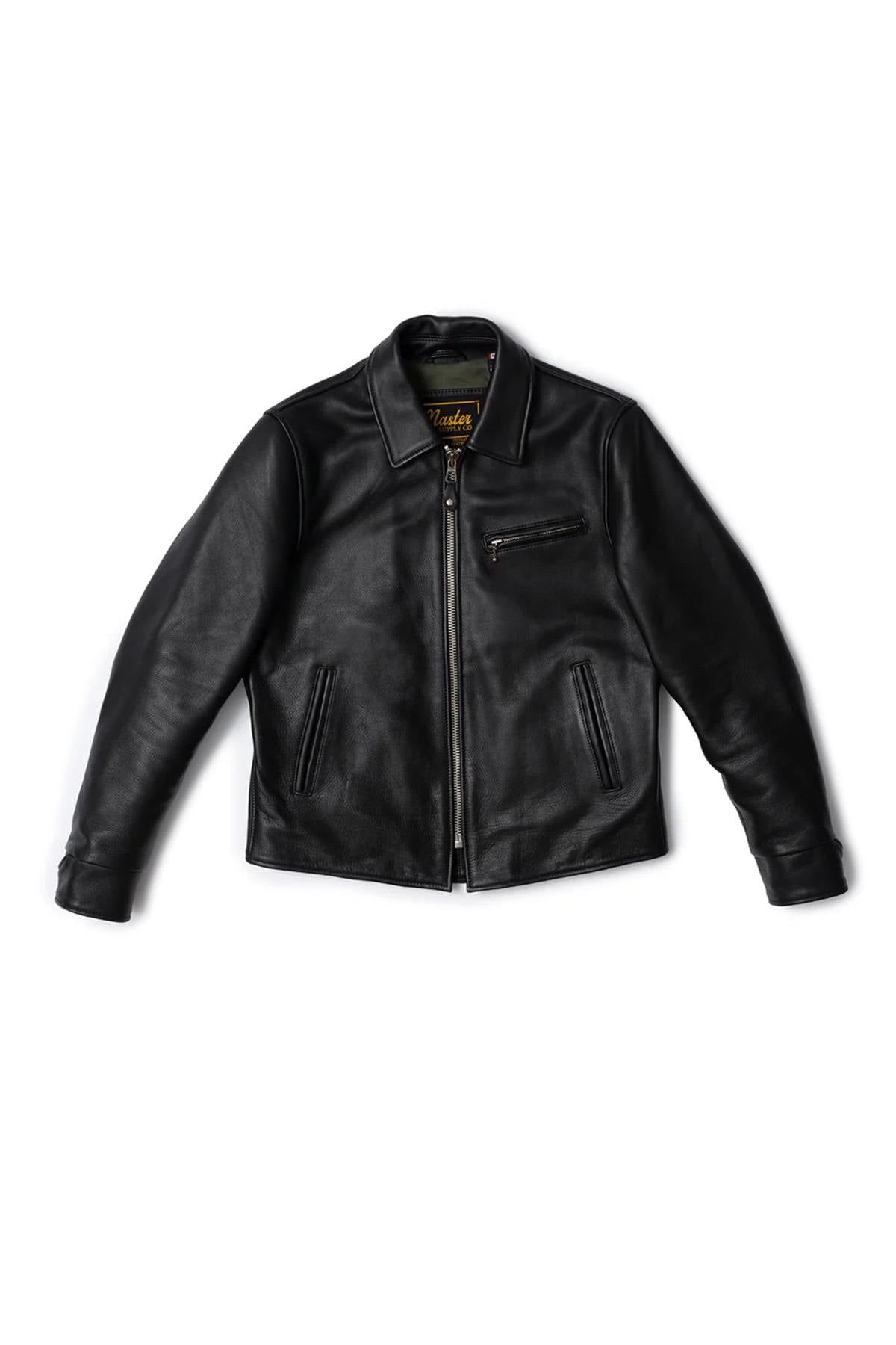 Black thick leather jacket with shirt collar - Image n°4