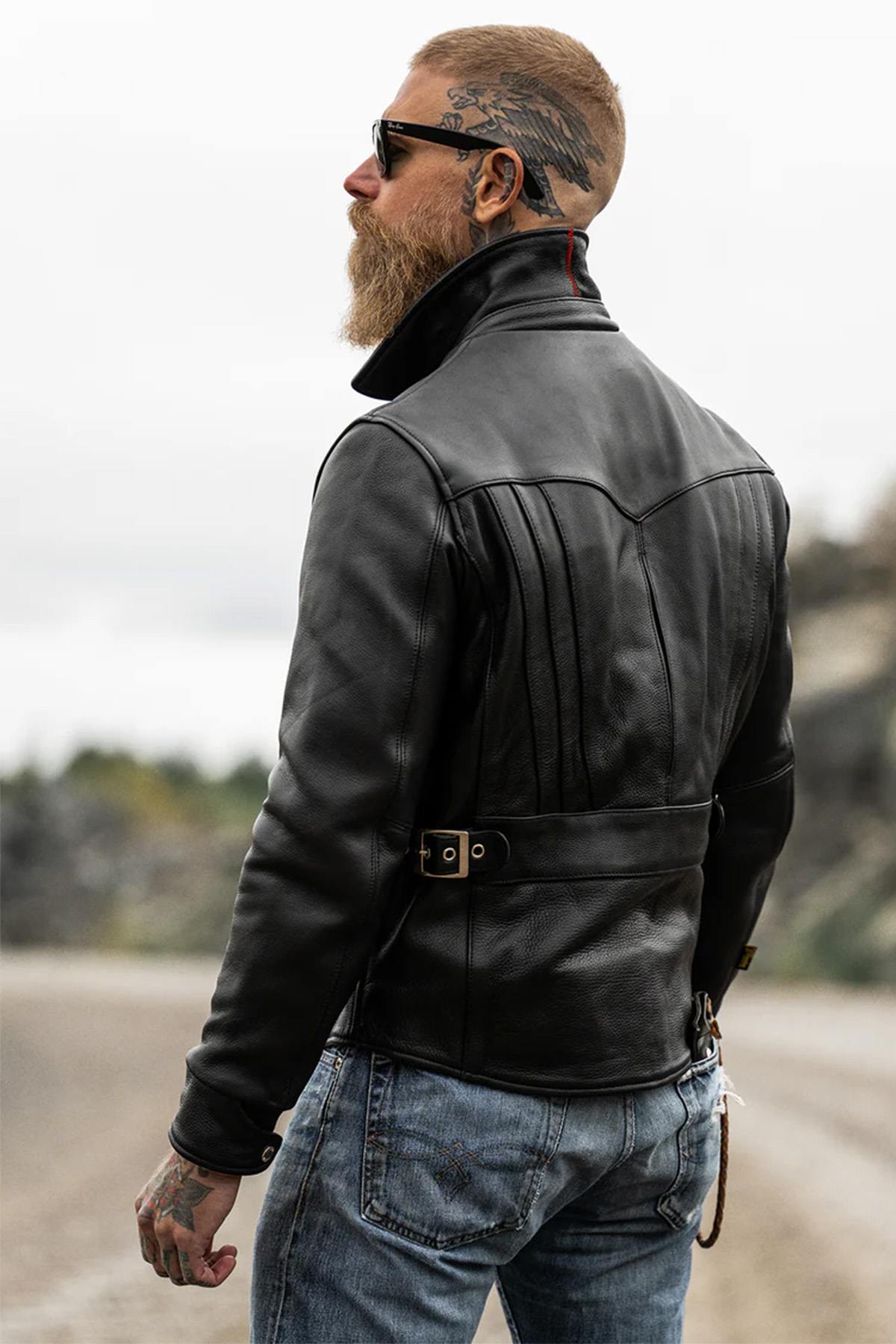 Black thick leather jacket with shirt collar - Image n°12