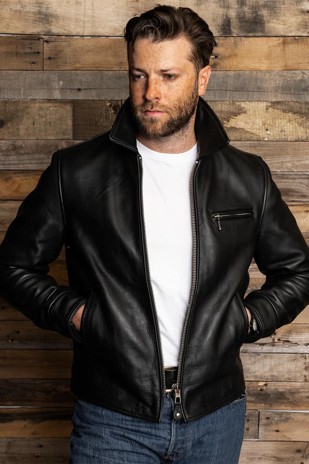 Black thick leather jacket with shirt collar - Image n°13