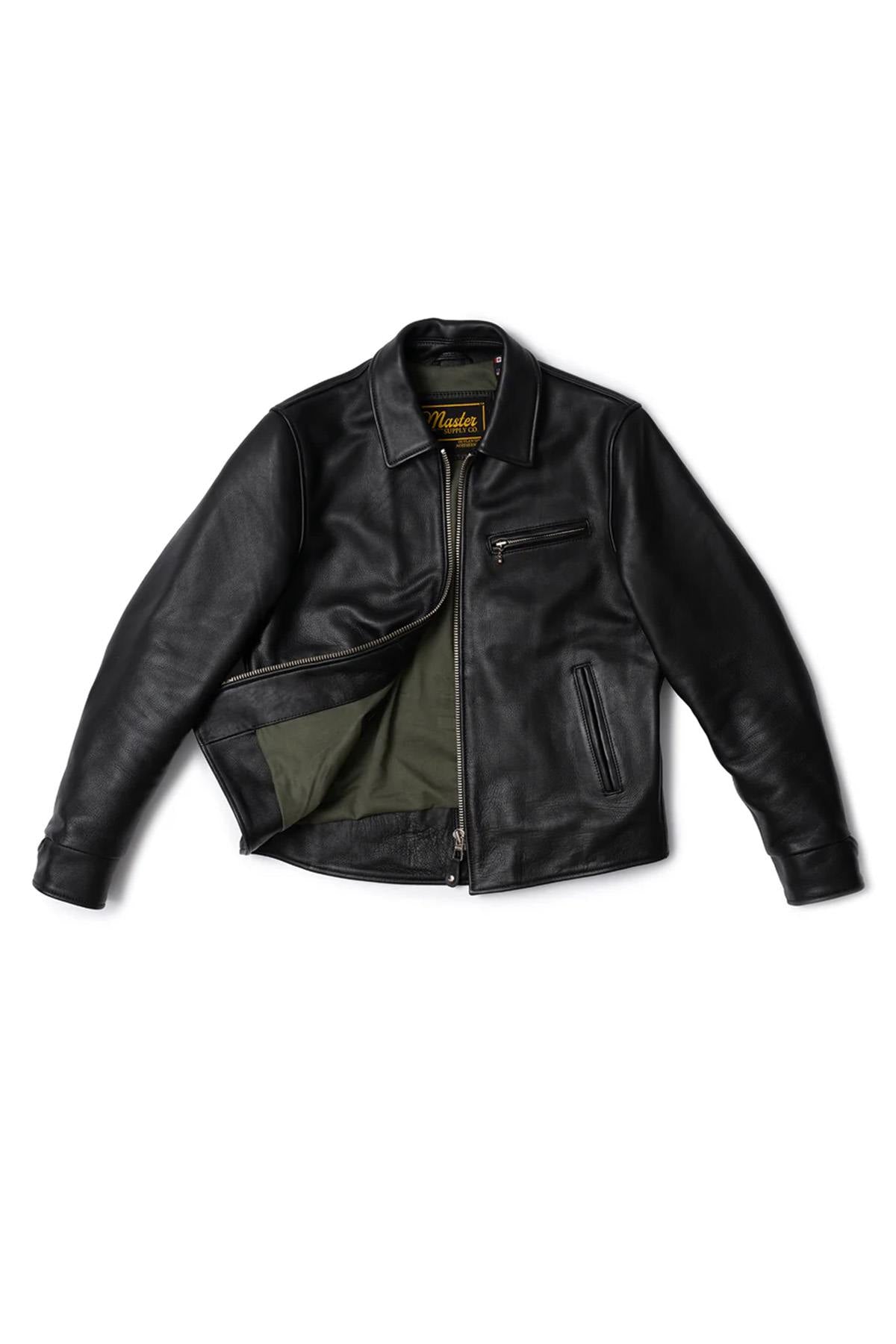 Black thick leather jacket with shirt collar - Image n°6