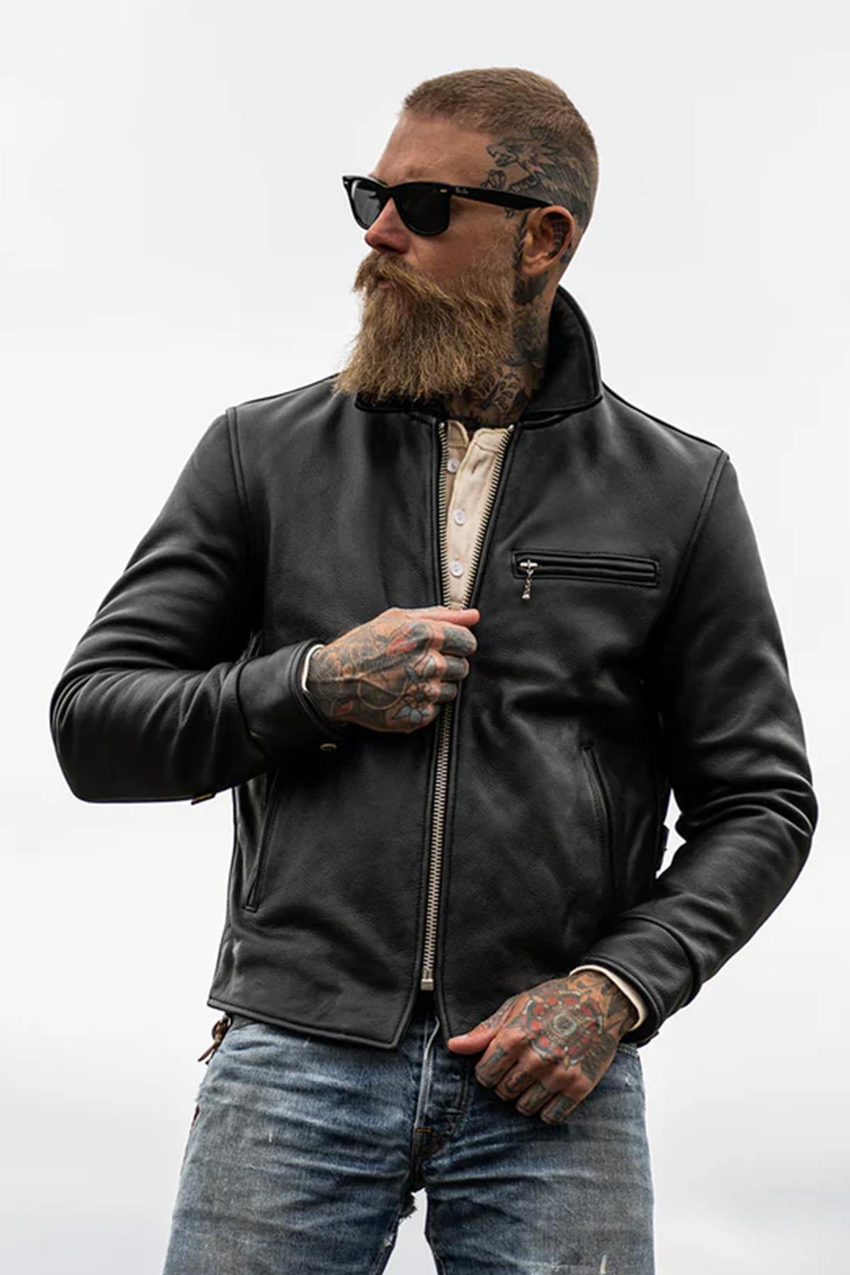 Black thick leather jacket with shirt collar - Image n°2