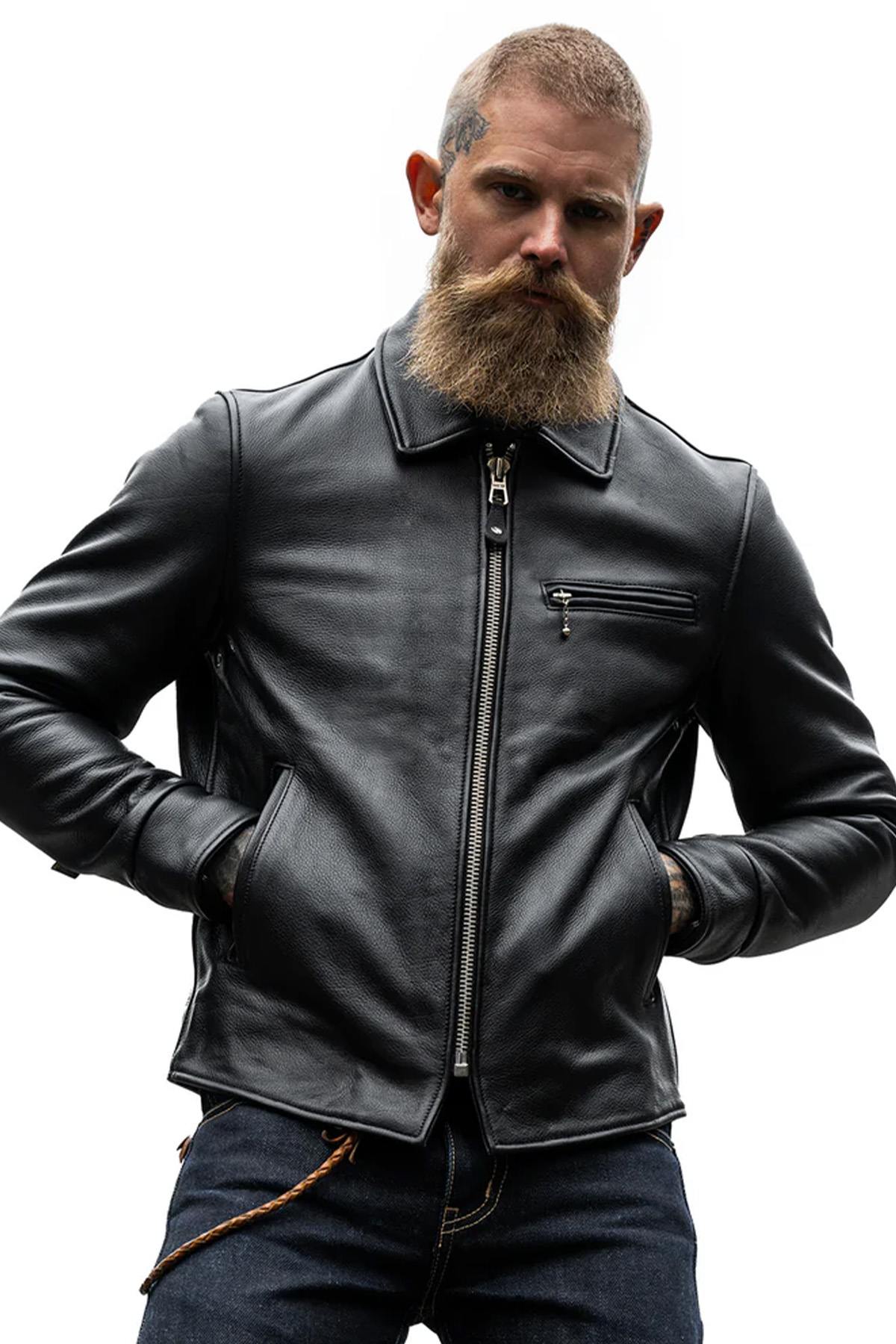 Black thick leather jacket with shirt collar - Image n°11